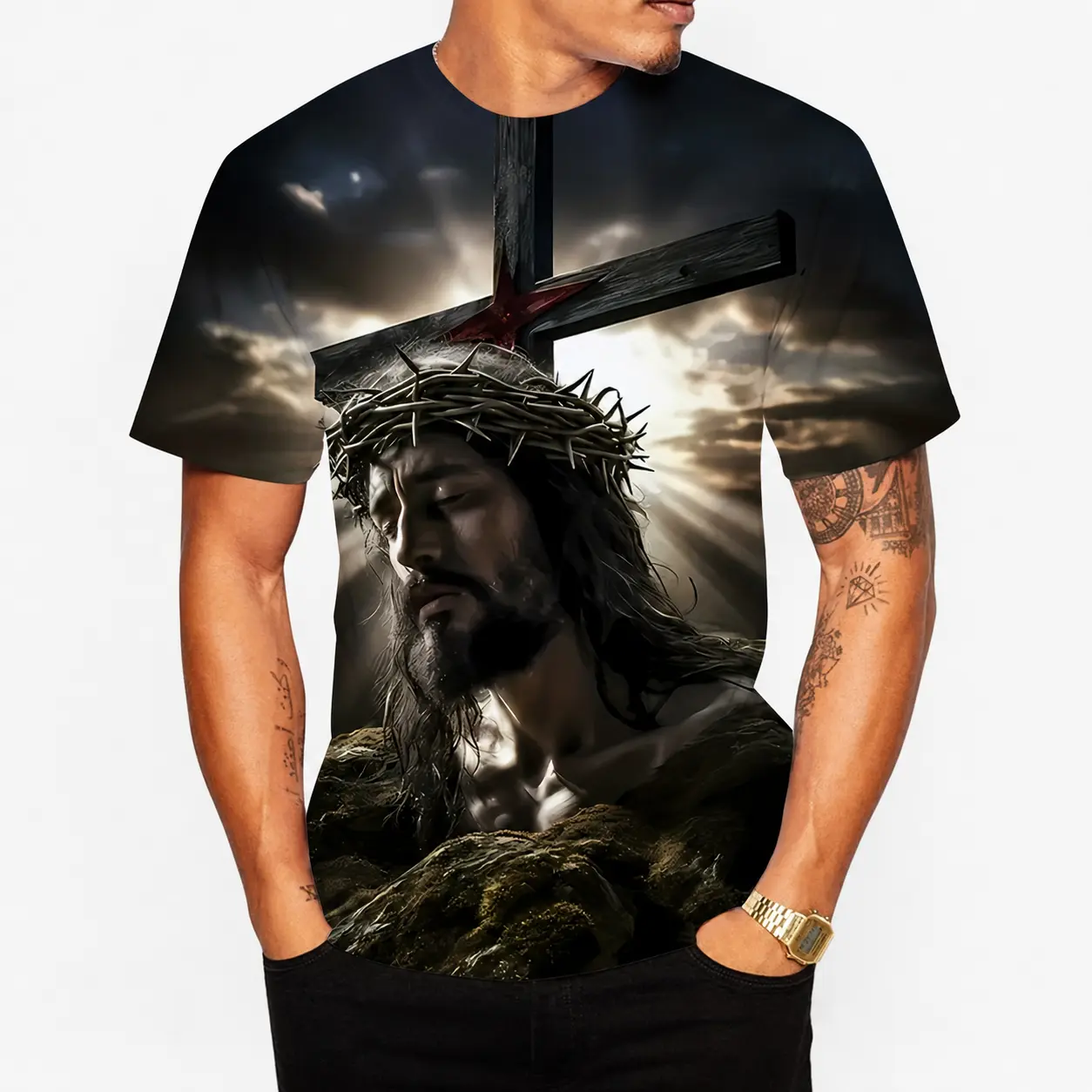 Men's Vintage Full-Body Religious Cross Print Knit Polyester T-Shirt - Short Sleeve Round Neck Tops, Breathable Summer Apparel for Church Events & Casual Wear, Ideal Men's Gift, Shortsleeve