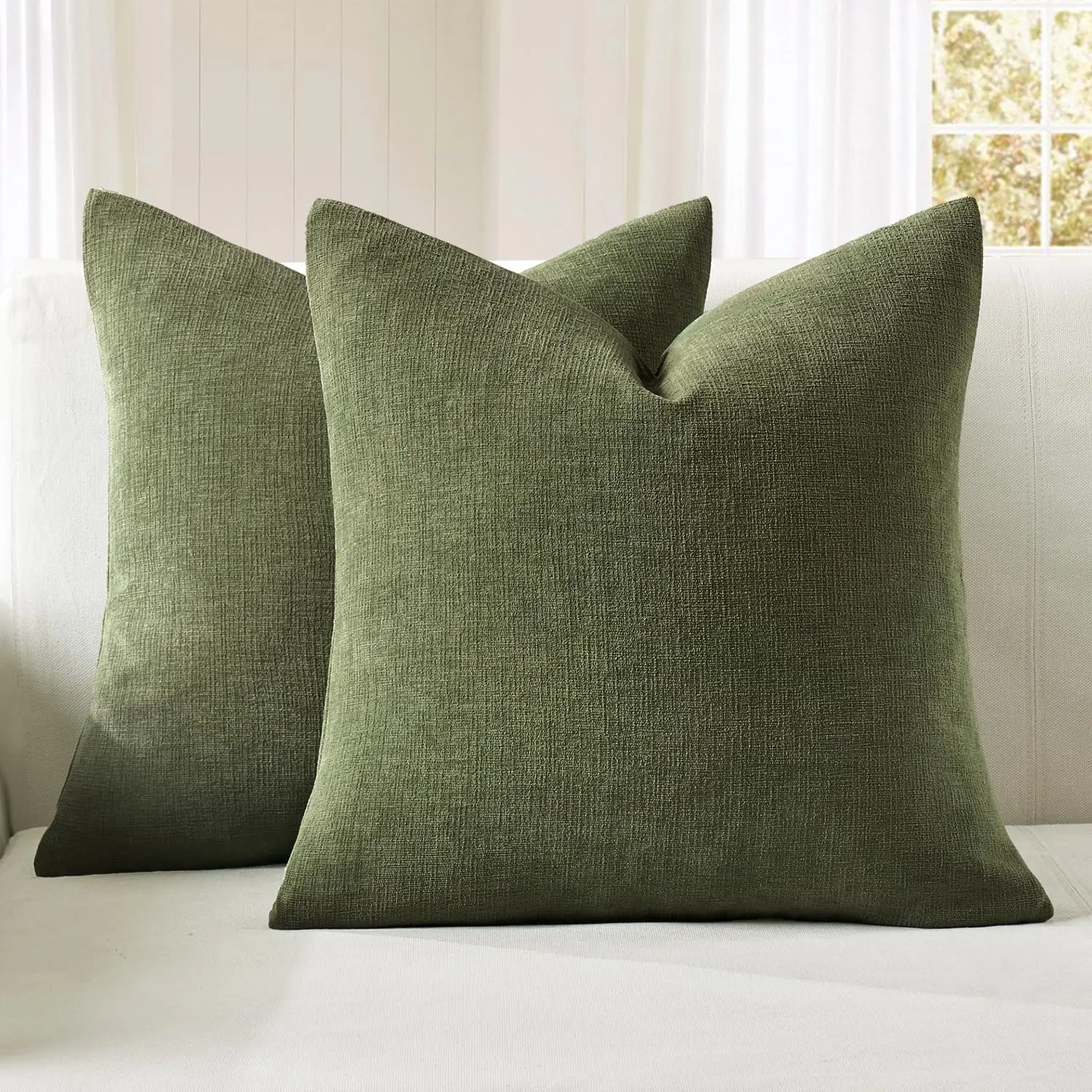 Olive Green Couch Throw Pillow Covers, 18x18| Set of 2, Soft Farmhouse Style, Decorative Pillowcases for Sofa Living Room Bed, Home Decor