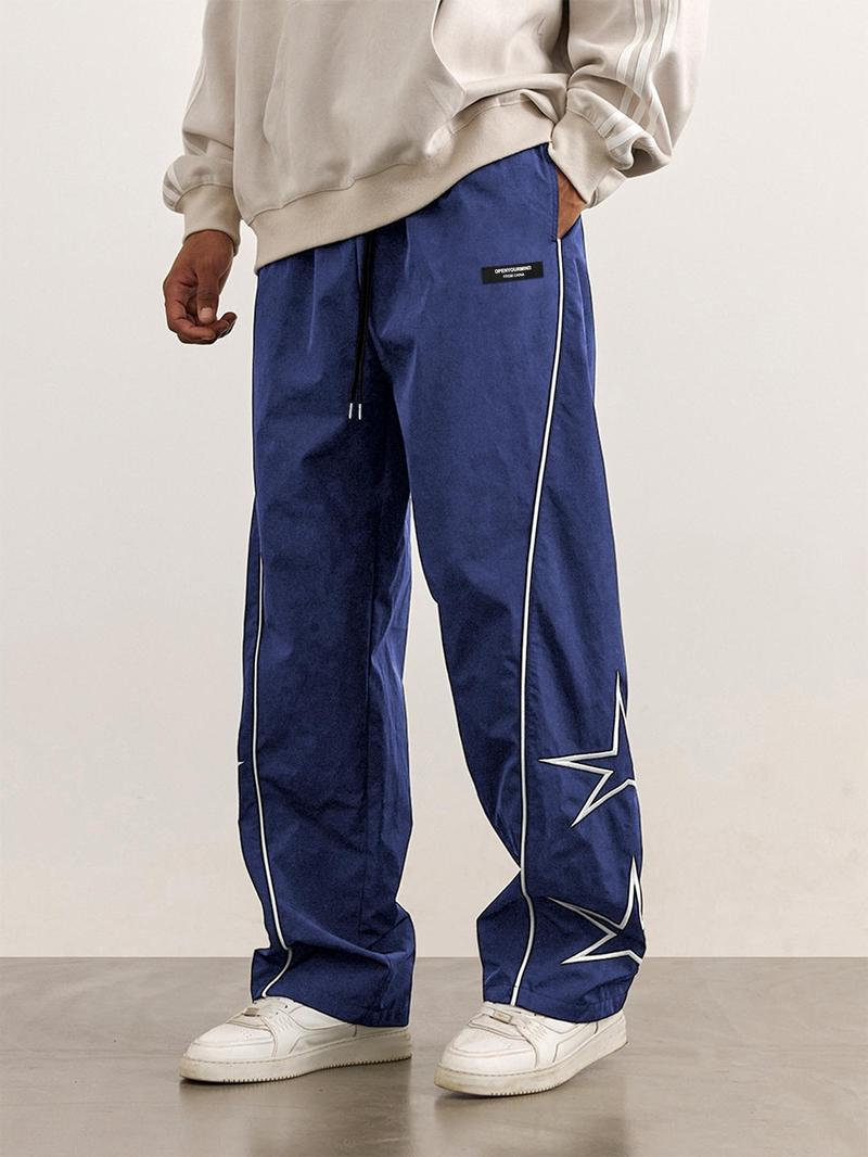 Men's Loose Star Print Drawstring Waist Wide Leg Pants, Casual Pocket Trousers, Casual Streetwear Trousers for Daily Wear, Woven Bottoms for All Seasons, National Day Offers