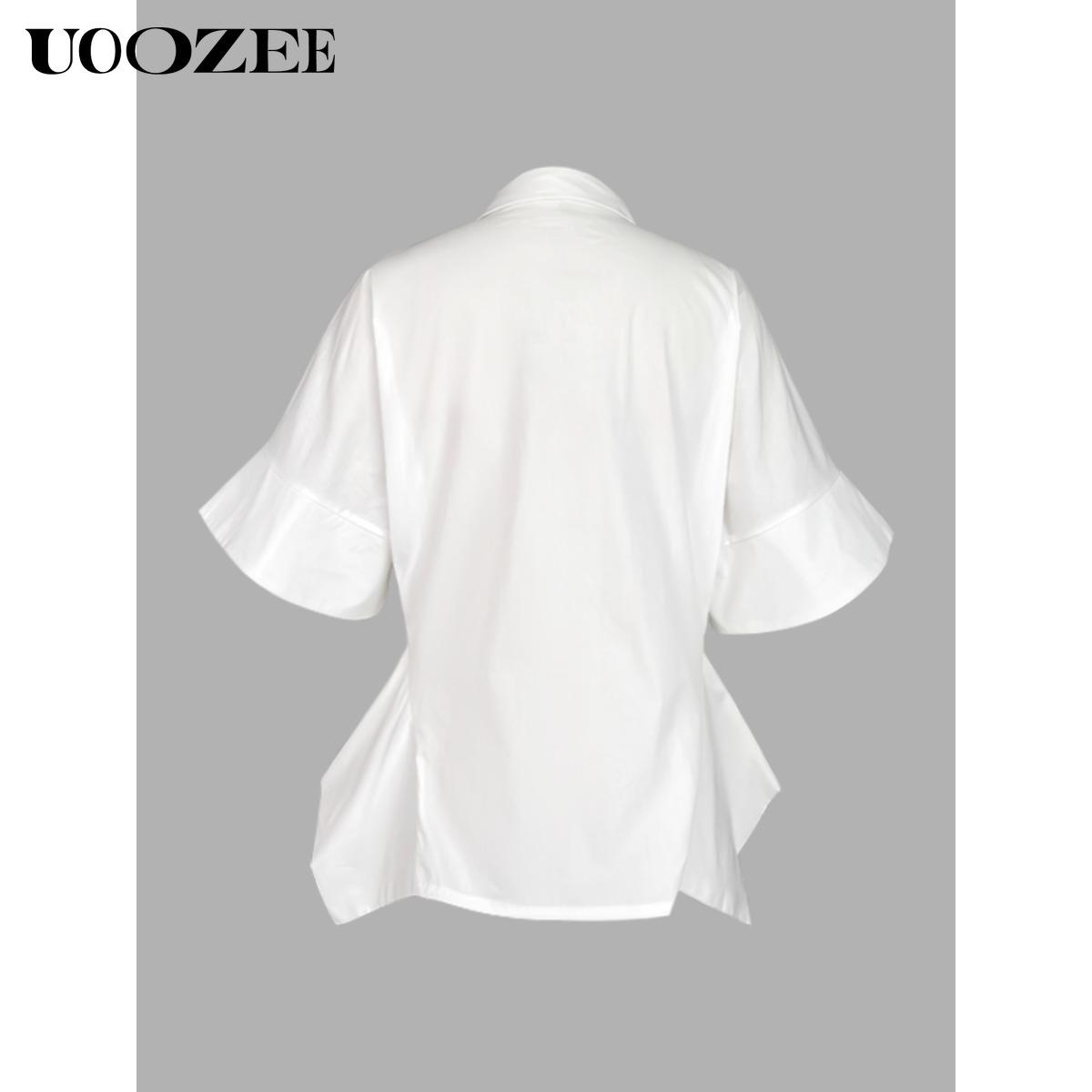 UOOZEE Women's New Summer Solid White 100% Cotton Lapel Collar Half Sleeve Sheer T-shirt, Waisted Irregular Ruffle Hem Loose Fit Buttoned Summer Blouse(One Size Up Recommended for C - Cup and Above)