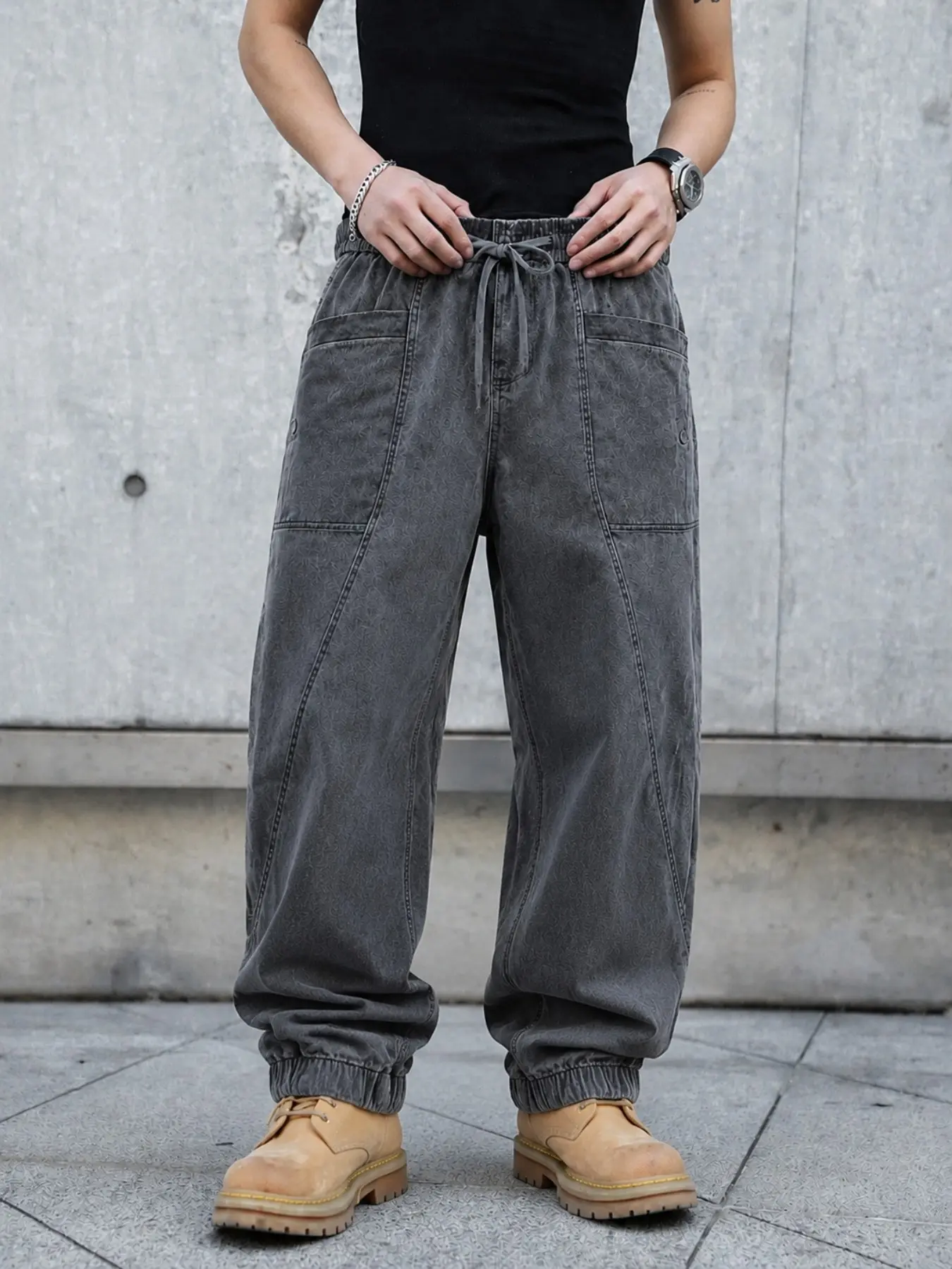 Men’s Charcoal Gray Washed Denim Jogger Pants with Drawstring Waist, Utility Pockets and Elastic Cuffs, Relaxed Fit Casual Jeans