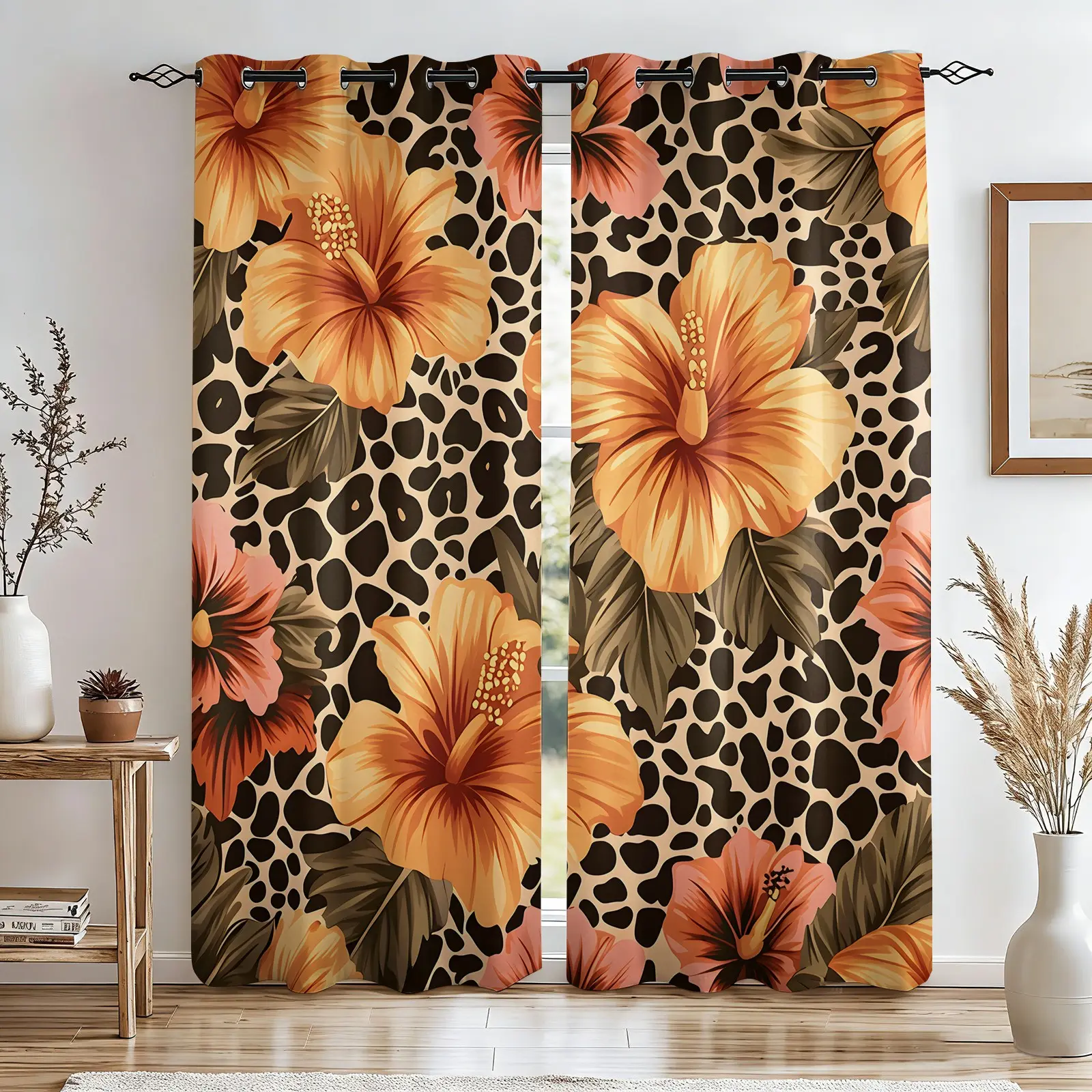 2-Pieces Tropical Hibiscus & Leopard Blackout Curtains, Thick Polyester Shades For Light Blocking, Heat Insulation And Soundproofing. Machine Washable Anti-Static Window Curtains With Wildlife Skin Texture Prints, Luxurious Boho Teen Bedrooms Decor