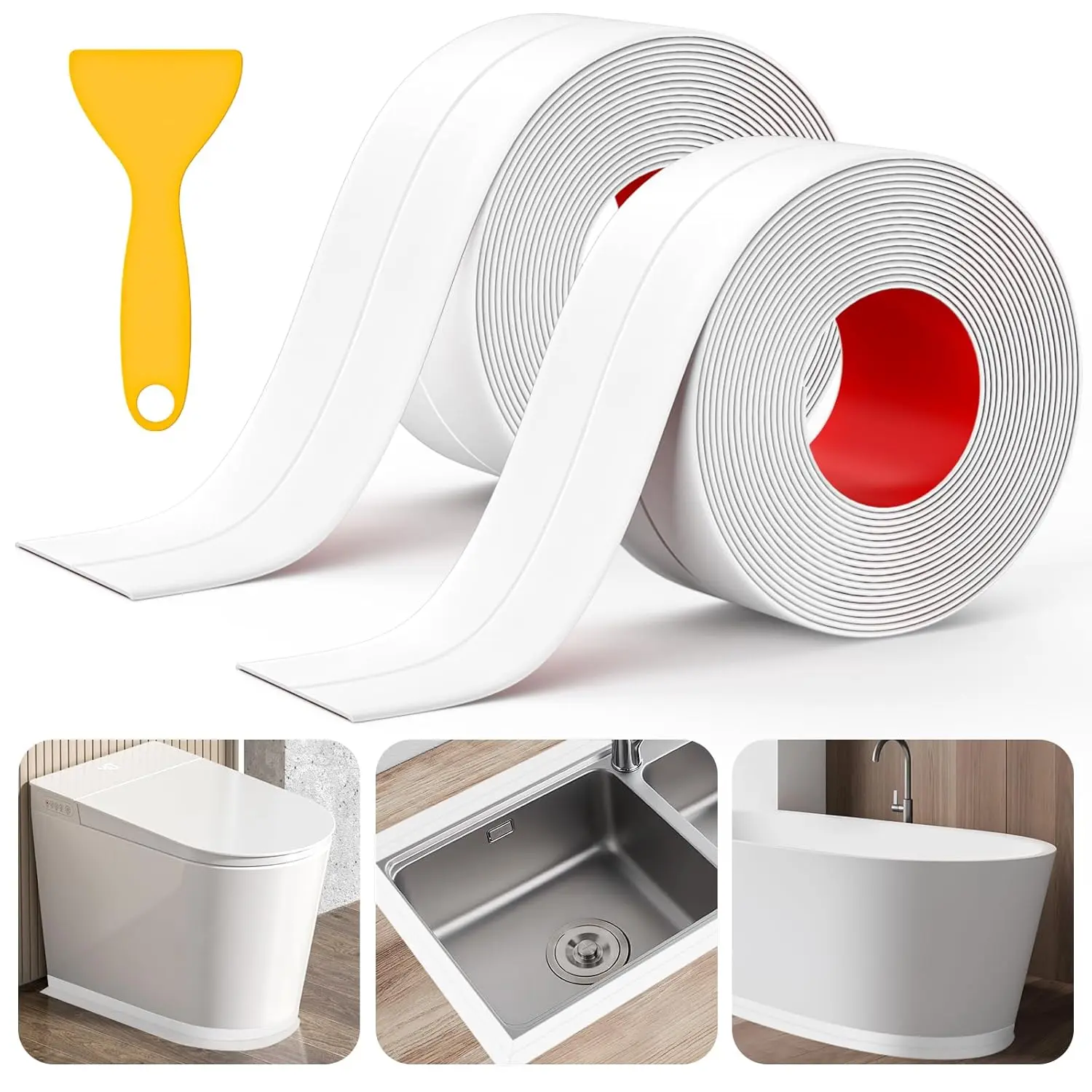 Self-Adhering Caulk Tape (2 Rolls, 3.2 m Length, 38 mm Width) - Water-Resistant Sealing Strip with Sealing Tool for Bathroom Shower, Bathtub, Toilet, Basin, Gas Stove, Better Adhesion