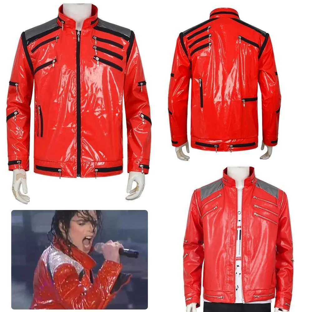Punk Michael Jackson Red Jacket Cosplay MJ MICHAEL JACKSON CUSTOM Classic Beat It MV Red Zipper Leather Jacket