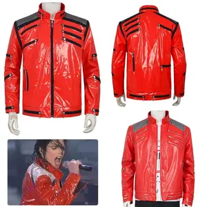 Punk Michael Jackson Red Jacket Cosplay MJ MICHAEL JACKSON CUSTOM Classic Beat It MV Red Zipper Leather Jacket