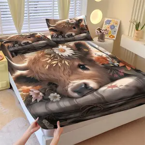 3-Pcs Cute Highland Cow Bedding Set – Rustic Farmhouse Cartoon Animal & Floral Fitted Sheet Set – Cozy Country-Style Bedroom Decor – Soft and Comfortable for Girls', Kids', or Guest Bedrooms (Includes 1 Fitted Sheet + 2 Pillowcases; 6 Patterns Available)