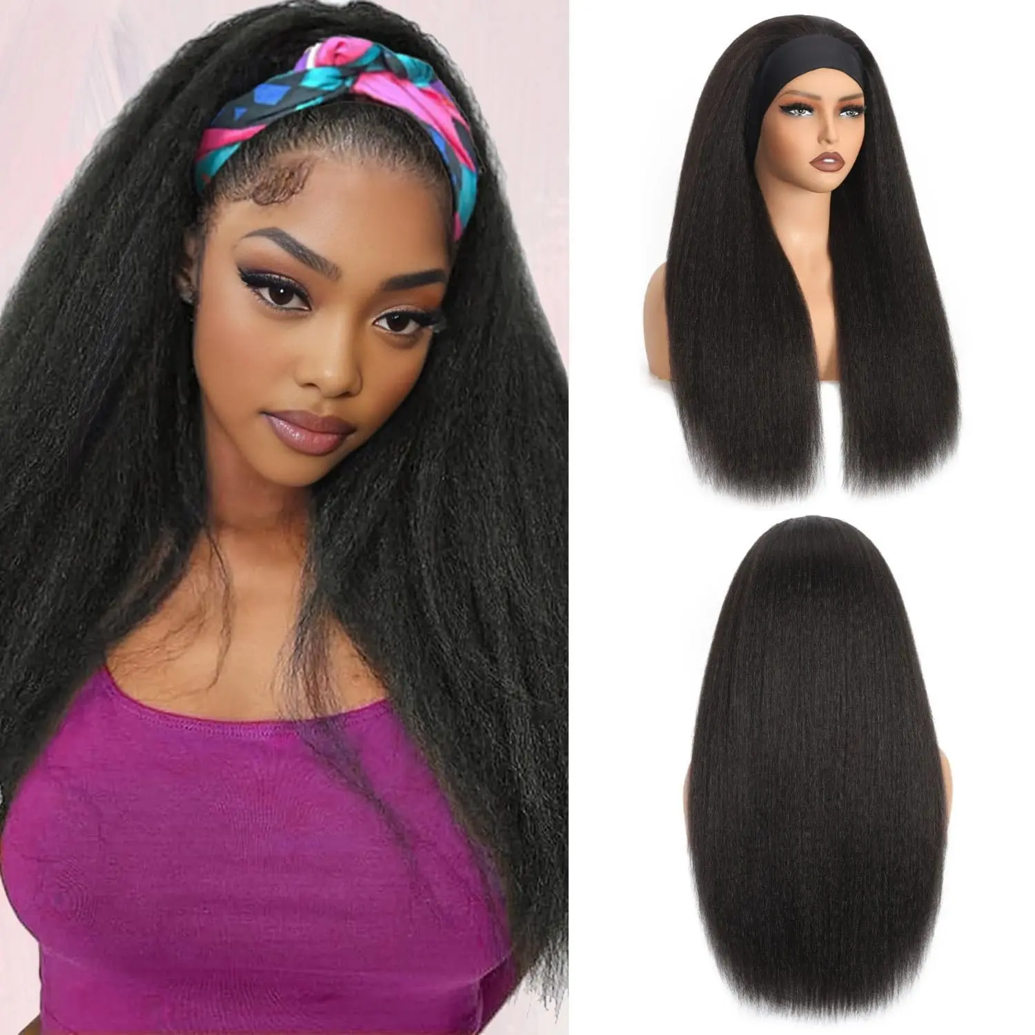 Kinky Straight Headband Wig 20 Inch Yaki Straight Headband Wigs for Black Women Afro Glueless Synthetic Half Wig Soft Realistic as Human Hair Lightweight  Looking Easy to Wear 1B  Black