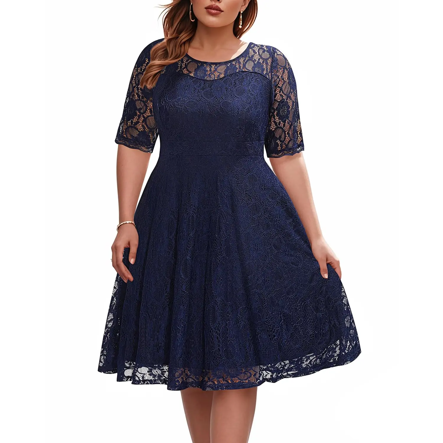 Pinup Fashion Plus Size Dresses Wedding Guest Semi Formal Lace Cocktail Graduation Party Summer Midi A Line Dress
