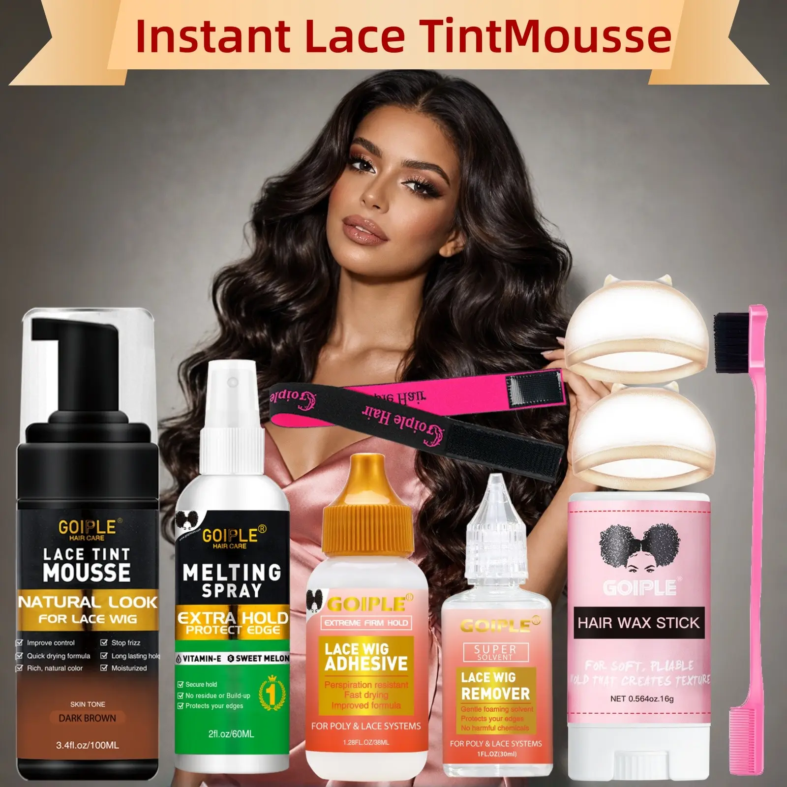 Goiple Lace Wig Set for Beginners, Wig Installs, Waterproof Long-Lasting Adhesive, Invisible Glue Spray, Hair Wax Stick, HD Cap, Edge Control Brush
