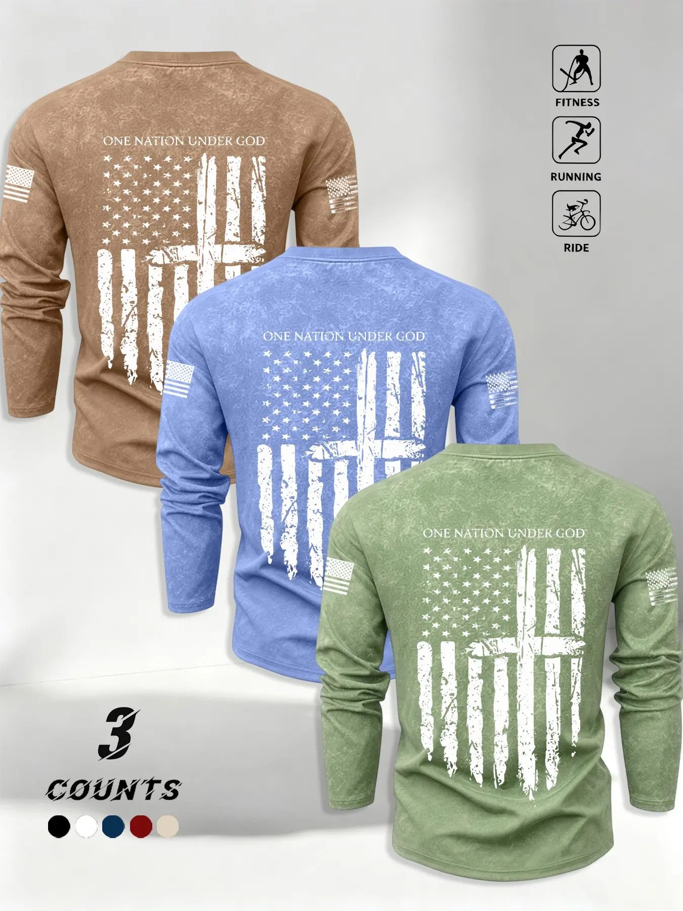3-Pack American Flag Cross Print Long Sleeve T-Shirts, Vintage Washed Loose Fit Tops, Men's Fashion for Spring & Fall