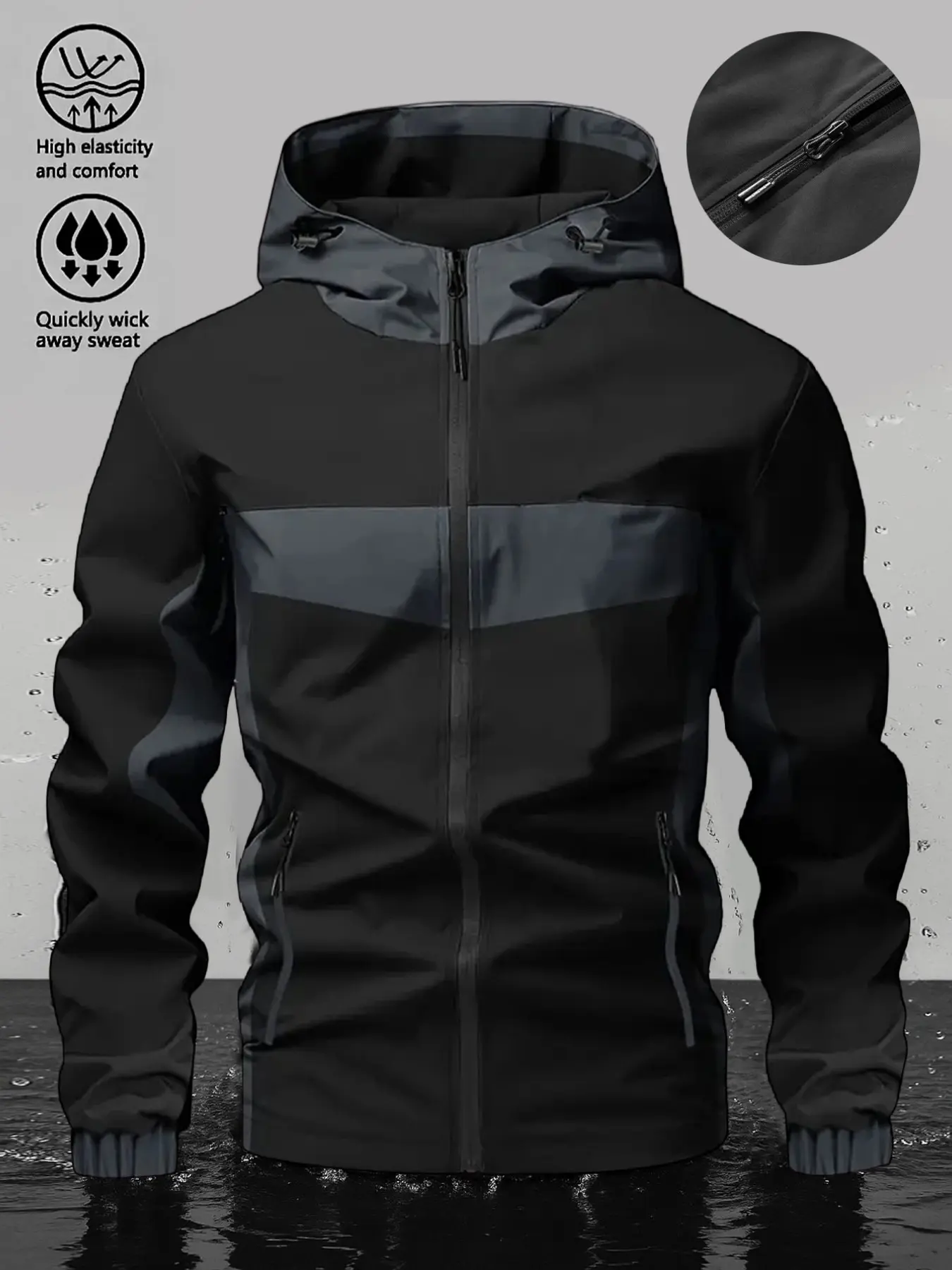 Men's Casual Hooded Windbreaker Jacket, Drawstring Adjustable Hood, Zip Closure, Patchwork Design, Fall & Winter Fashion