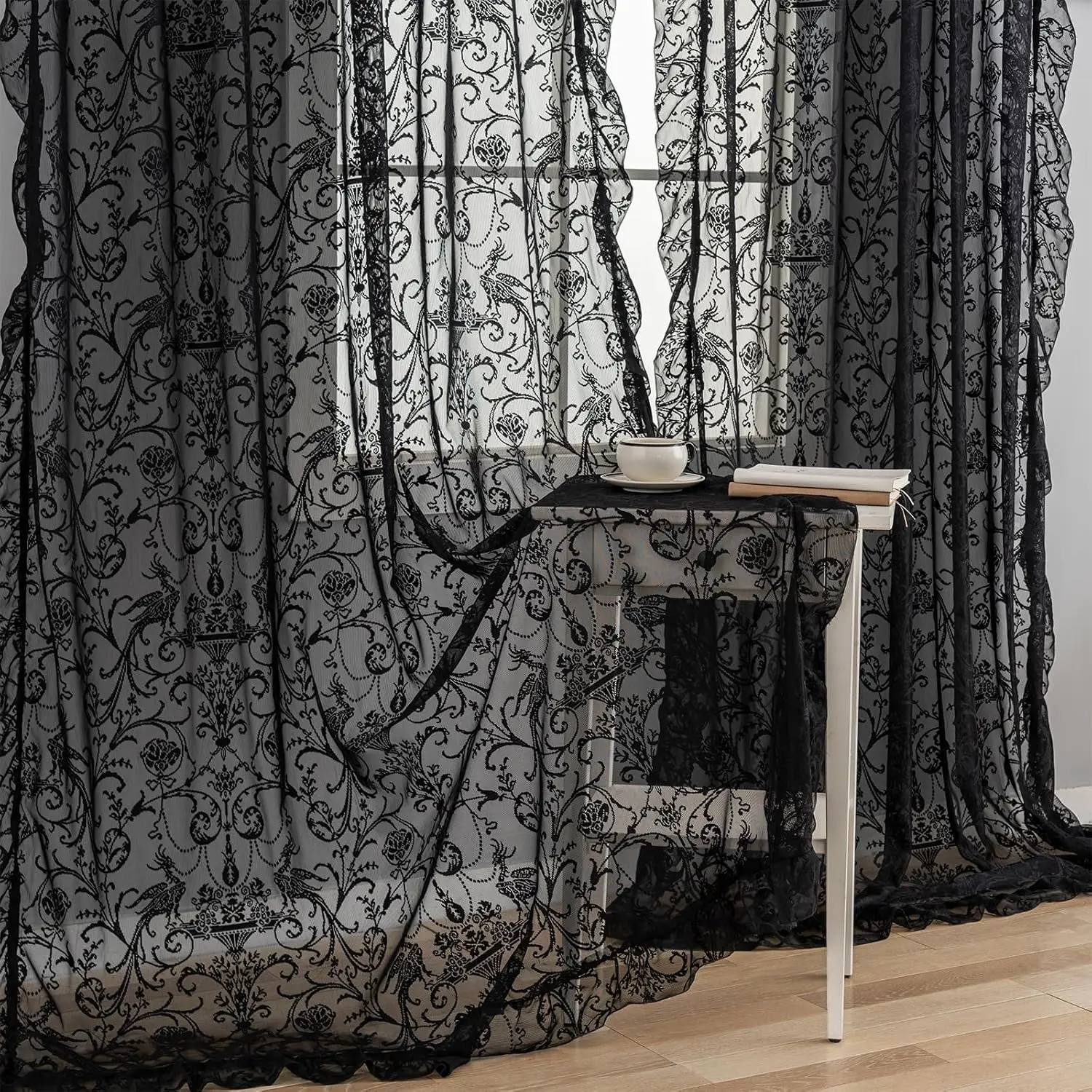 Black Sheer Curtains 84 Inches Long - Knitted Floral Lace Curtains Privacy Goth/Witchy Dark Window Treatments for Living Room Rod French Decor 1 Pair, 59 x 84 Inch