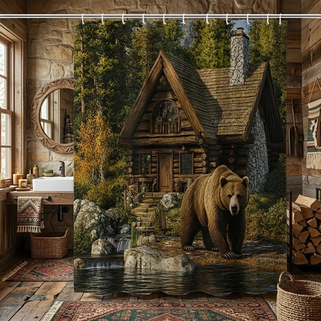 1pcs Rustic Log Cabin Brown Bear Forest Shower Curtain, Mountain Stream Autumn Pine Tree Wildlife Print Bathroom Curtain, Lodge Style Bath Partition for Thanksgiving, Labor Day, Fall Harvest Vintage Country Home Washroom Decor, Farmhouse Shower Curtain