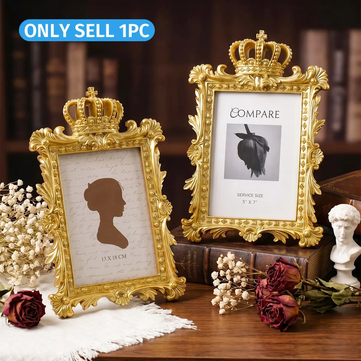 Rococo Gold Crown Frame, Baroque Scroll Photo Stand, Decorative Wall Art, Desktop & Hanging Mount, Luxury Home Décor Gift