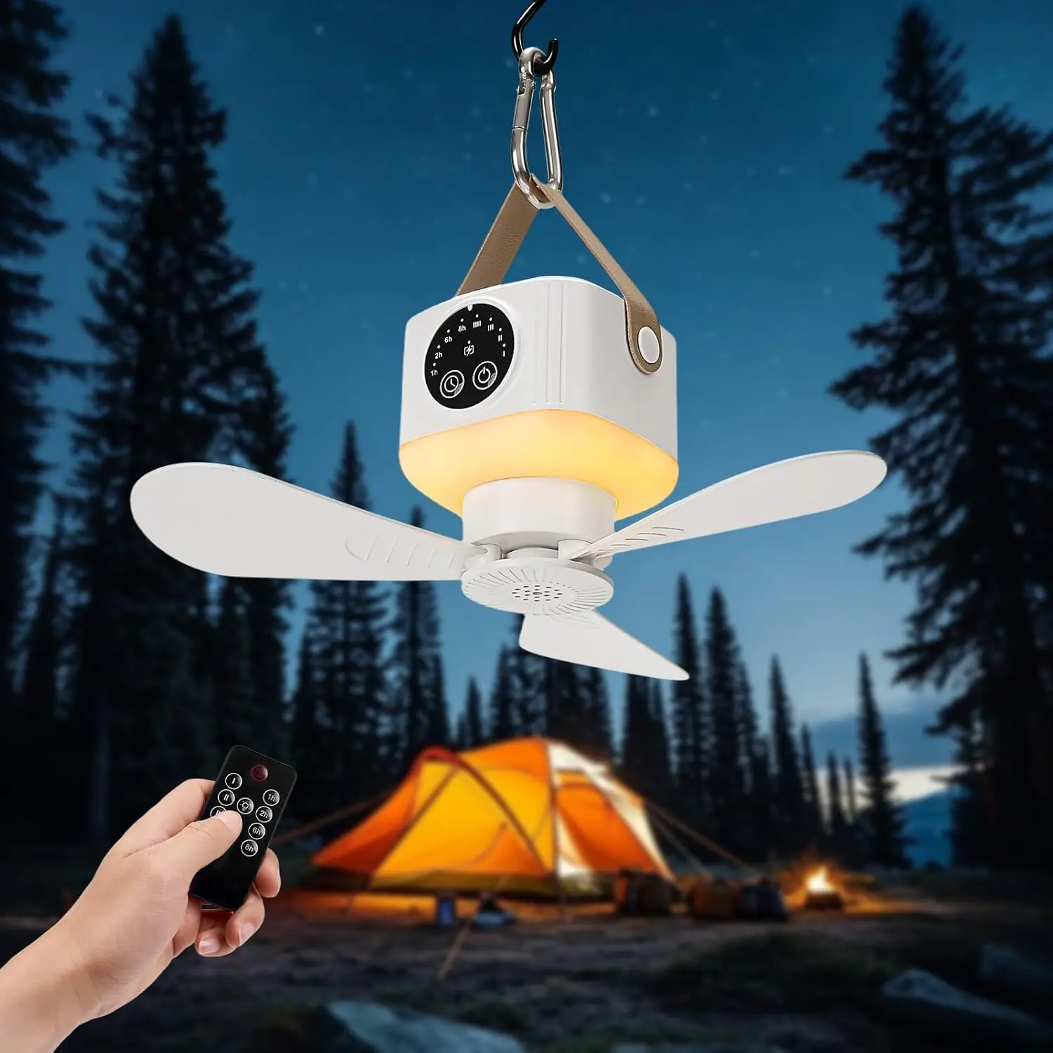 Portable Ceiling Fan with Lights Remote,USB Rechargeable Camping Fan,9.25" Wireless Tent Fan with 4 Speeds,Timer,Battery-Powered Ceiling Fan for RV,Truck,Rooftop Tent,Travel,Camping (White)