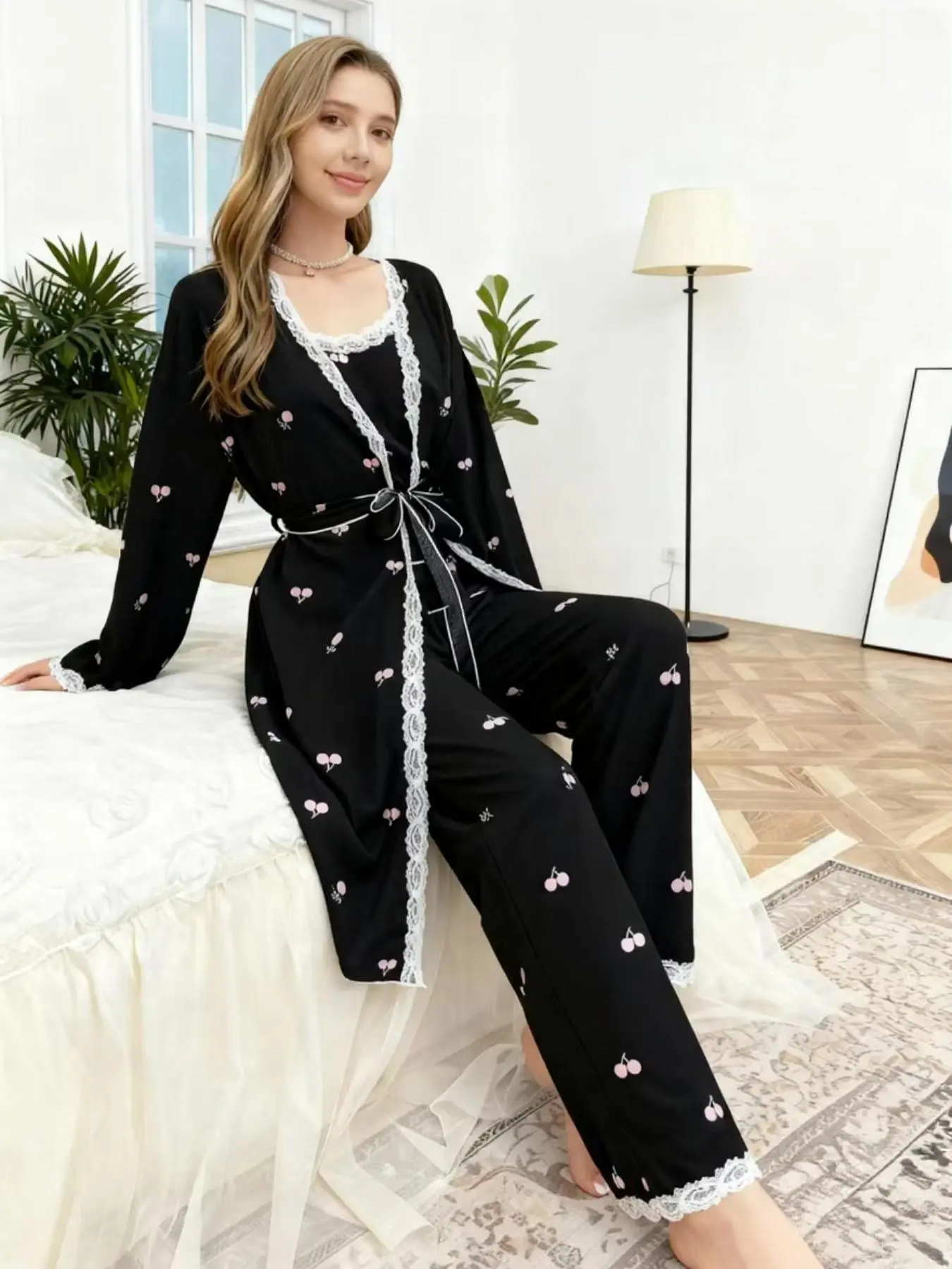 French Lace Cherry Print Bubble Wrinkle Three-Piece Sleepwear Set, Tie-Back Robe + Tank Top + Wide Leg Pants, Women's Luxury Home Wear, Pajama Set, Loungewear