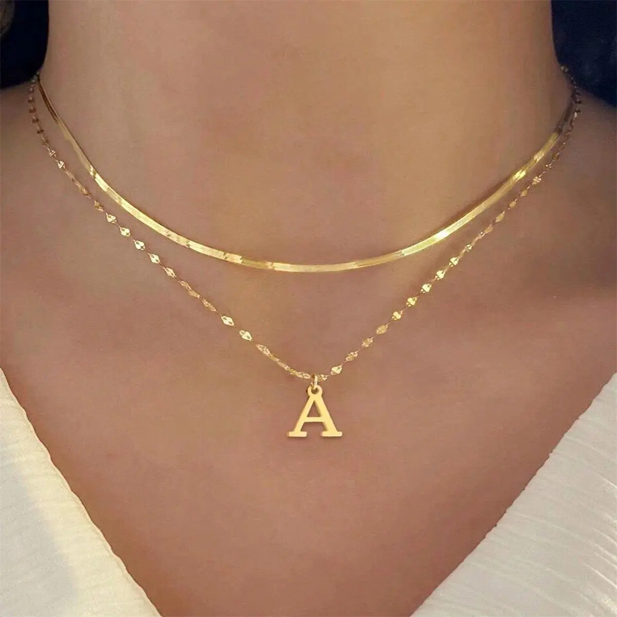 Luxury 24K 9999 Pure Gold real gold Women's letter pendant double-layer clavicle chain