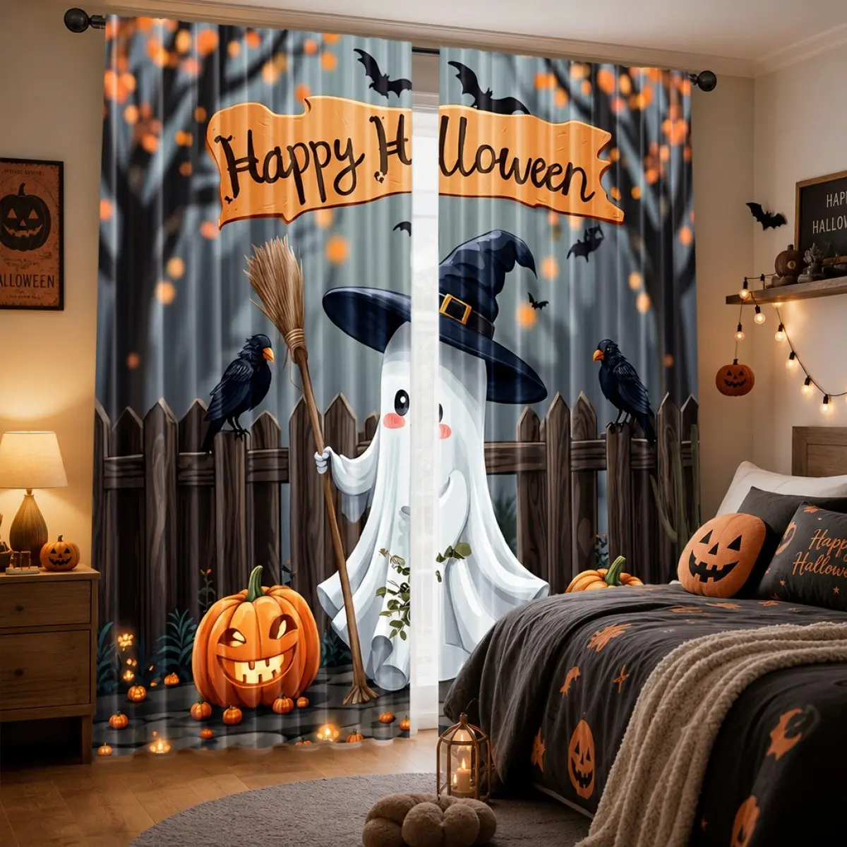 2-Pack Cute Witch Ghost Halloween Blackout Curtains, Broom Crow Pumpkin Bat Print, Festival Party Living Room Bedroom Decor Window Covering