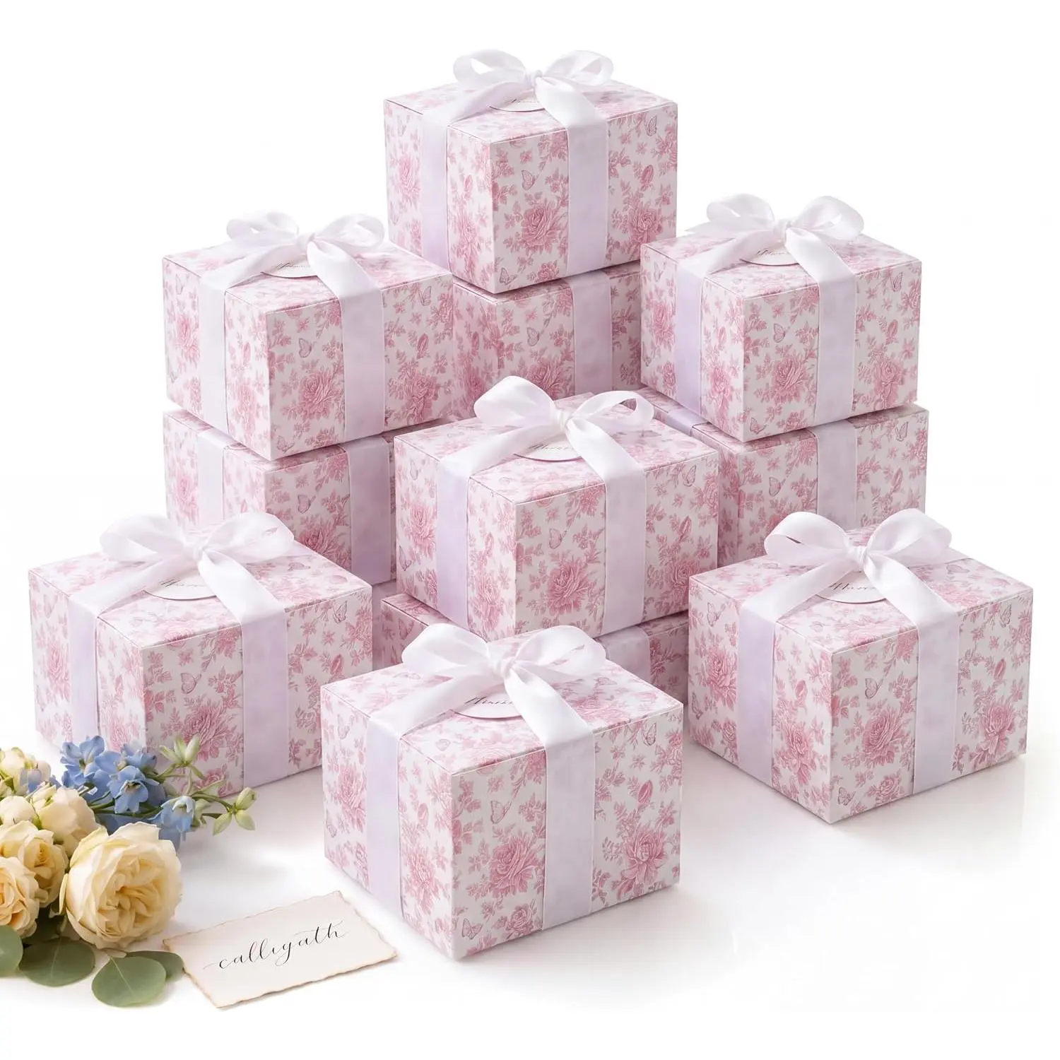 10 Pack  Floral Bridesmaid Proposal  Boxes with  6 x 6 x 3 Inch Wedding Favor Boxes with White Ribbon and Tags Paper  Packaging for Bridal Shower Wedding Party Birthday Gifts