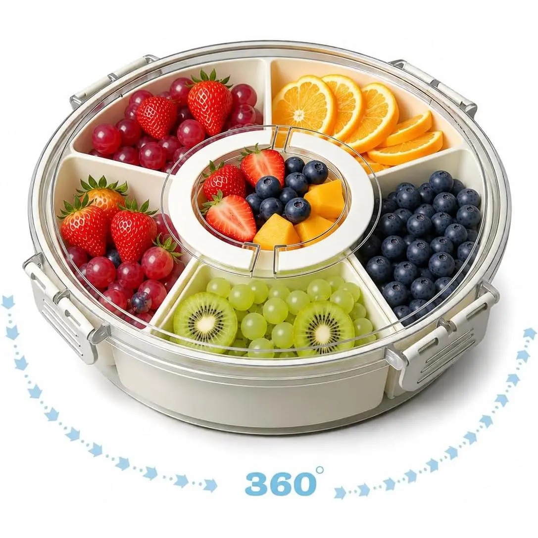 Divided Serving Tray with Lid and Handle, 6 Compartment Snackle Box for Fruits, Veggies, Nuts, and Snacks, Veggie Platter for Kitchen, Party, Picnics and Travel, Easy to Clean, Durable