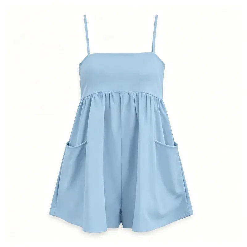 Women's Silky Lightweight Romper, Casual Thin Strap Wide Leg Short Overalls with Pockets for Summer Beach Loungewear, Breathable, Fabric