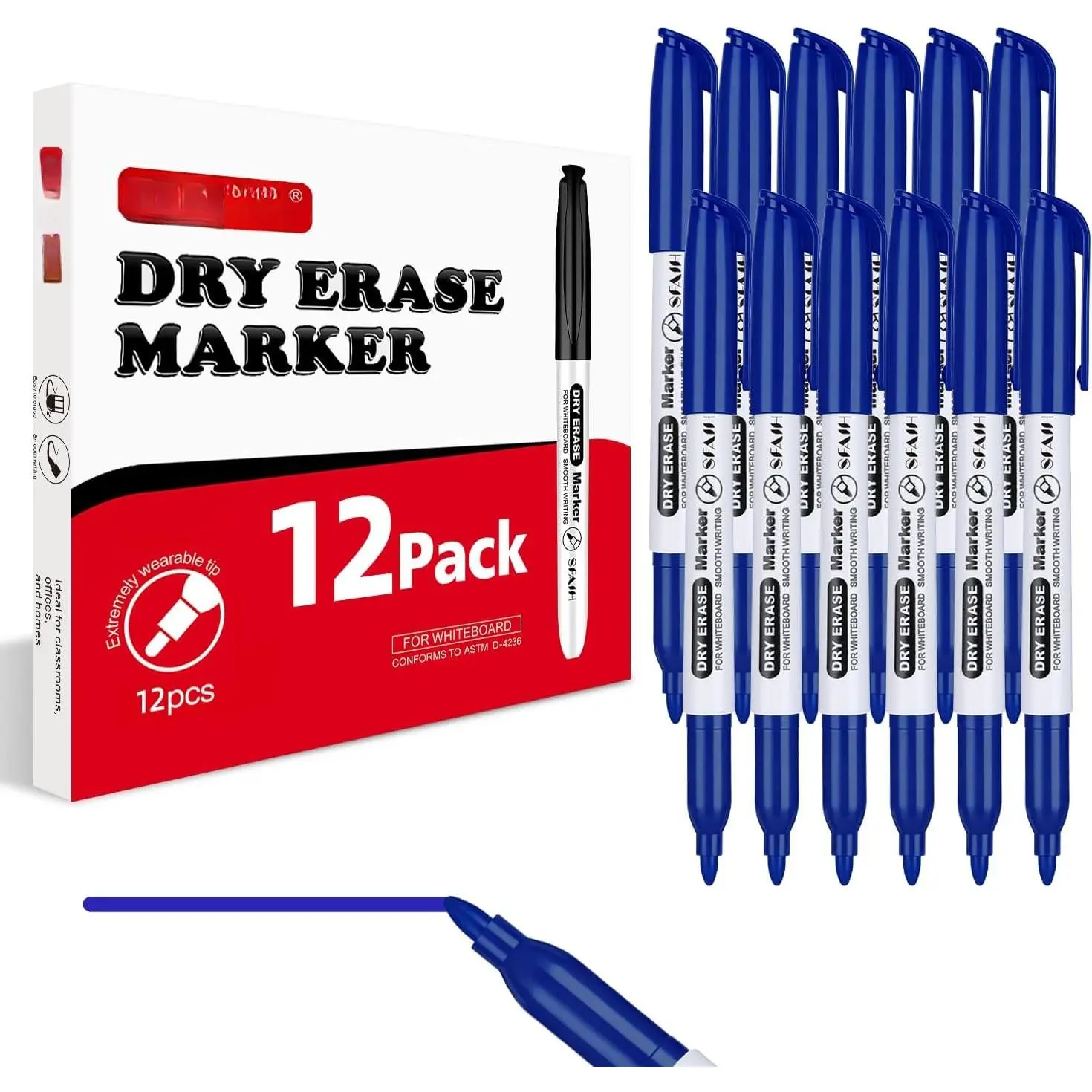 Blue Dry Erase Markers Fine Tip - 12 Pack Whiteboard Markers Standard Set For Brainstorming & Visual Planning, Teams, Teacher & Creative Sessions | Low-Odor  Easy Clean