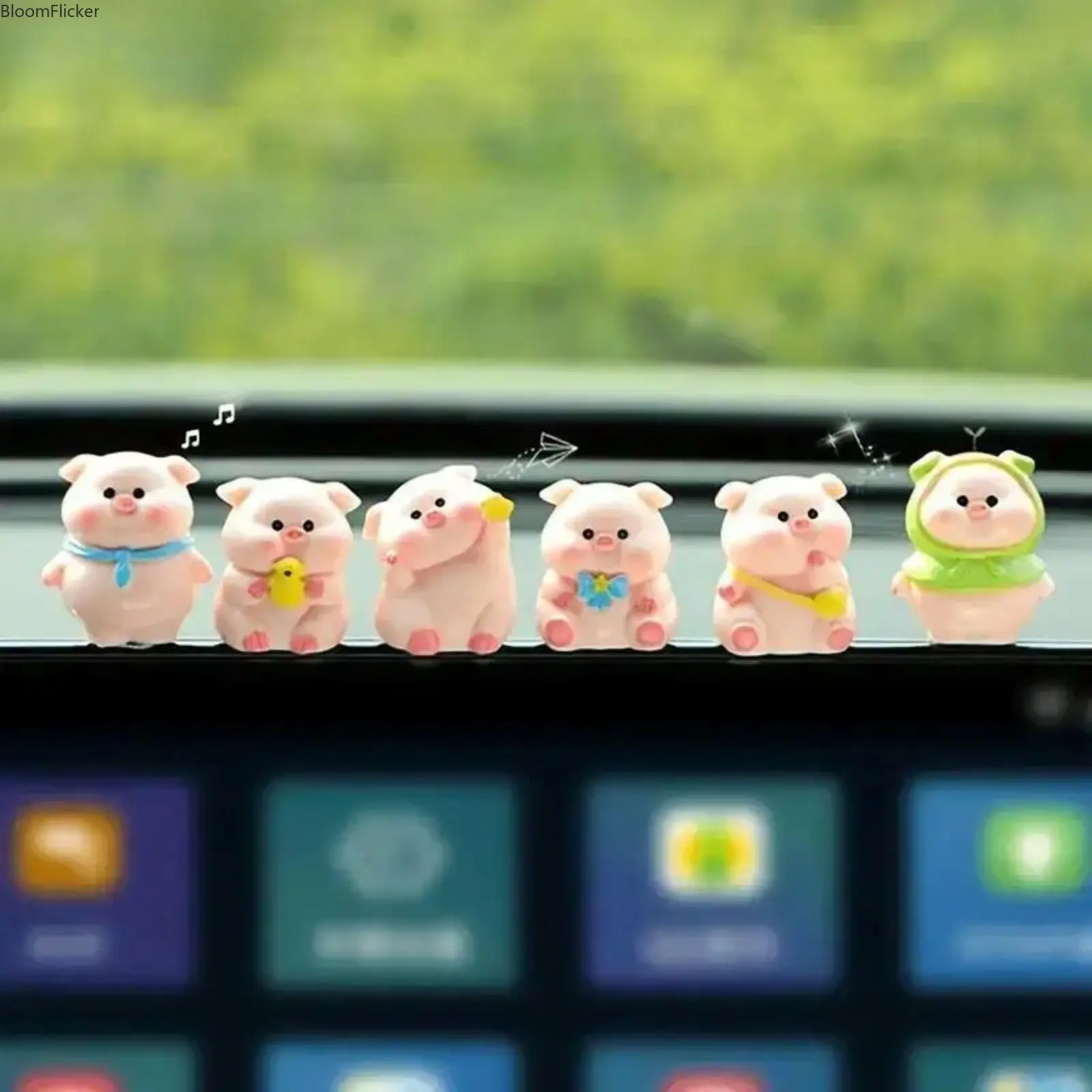 6Pcs Cute Cartoon Pig Resin Car Decor Set, Whimsical Mini Dashboard Figurine for Auto Interior, Lightweight Detailed Console Ornament with Versatile Placement, Lovely Accessory to Build Cozy Warm Driving Atmosphere