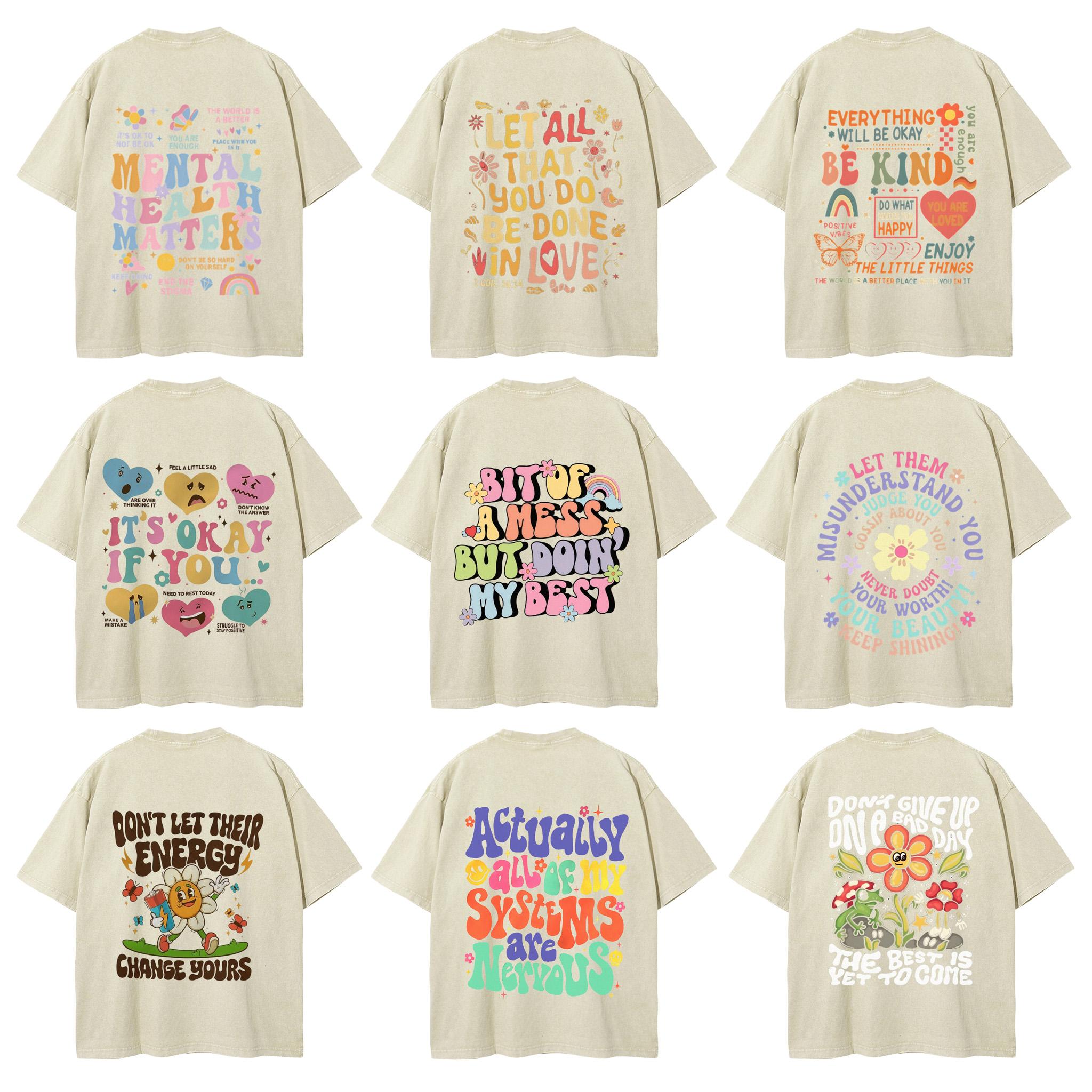 Mental Health Washed T-Shirt, Vintage Positive Quote Graphic, Inspirational Floral Graphic Tee For Women, Soft Breathable Fabric, Fashion Streetwear, Outfits For All Seasons