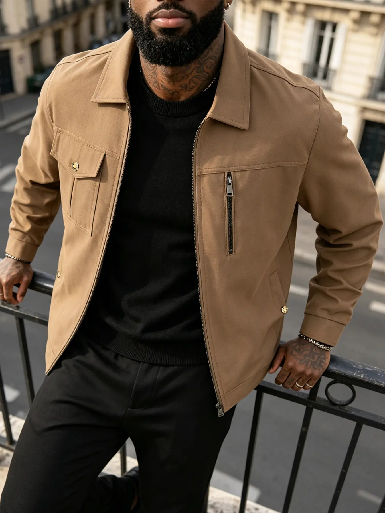 Men's casual jacket, fashionable workwear jacket, zipper closure - chest pocket and lapel design, 100% polyester fiber fabric easy to maintain, suitable for daily outings, sports and casual wear, and formal wear - spring and autumn seasons