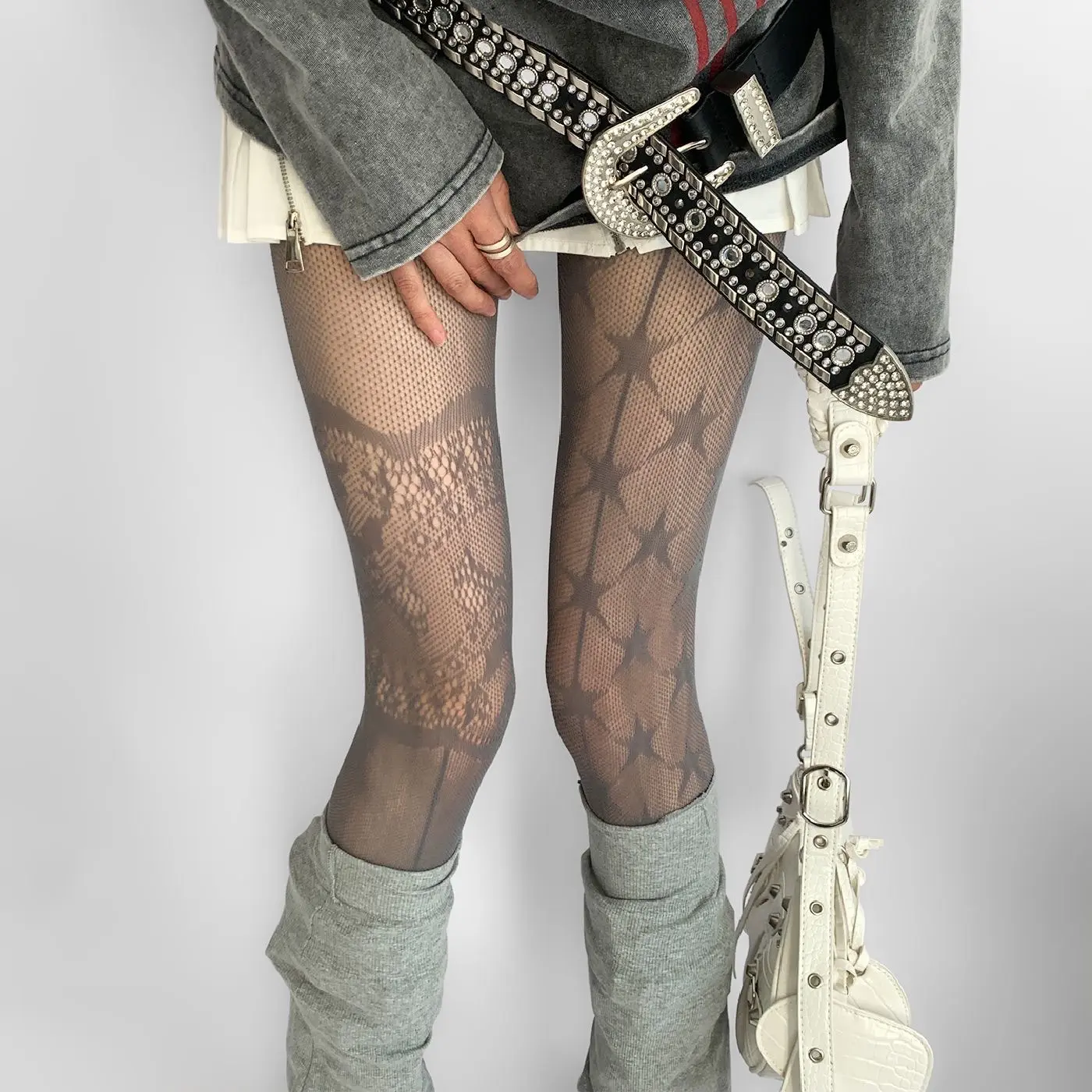 2 Pcs Women’s Gray Star Lace Tights, Sheer Pantyhose with Jacquard Pattern Design, Y2K Mesh Hosiery Accessories for Spring & Summer Outfits