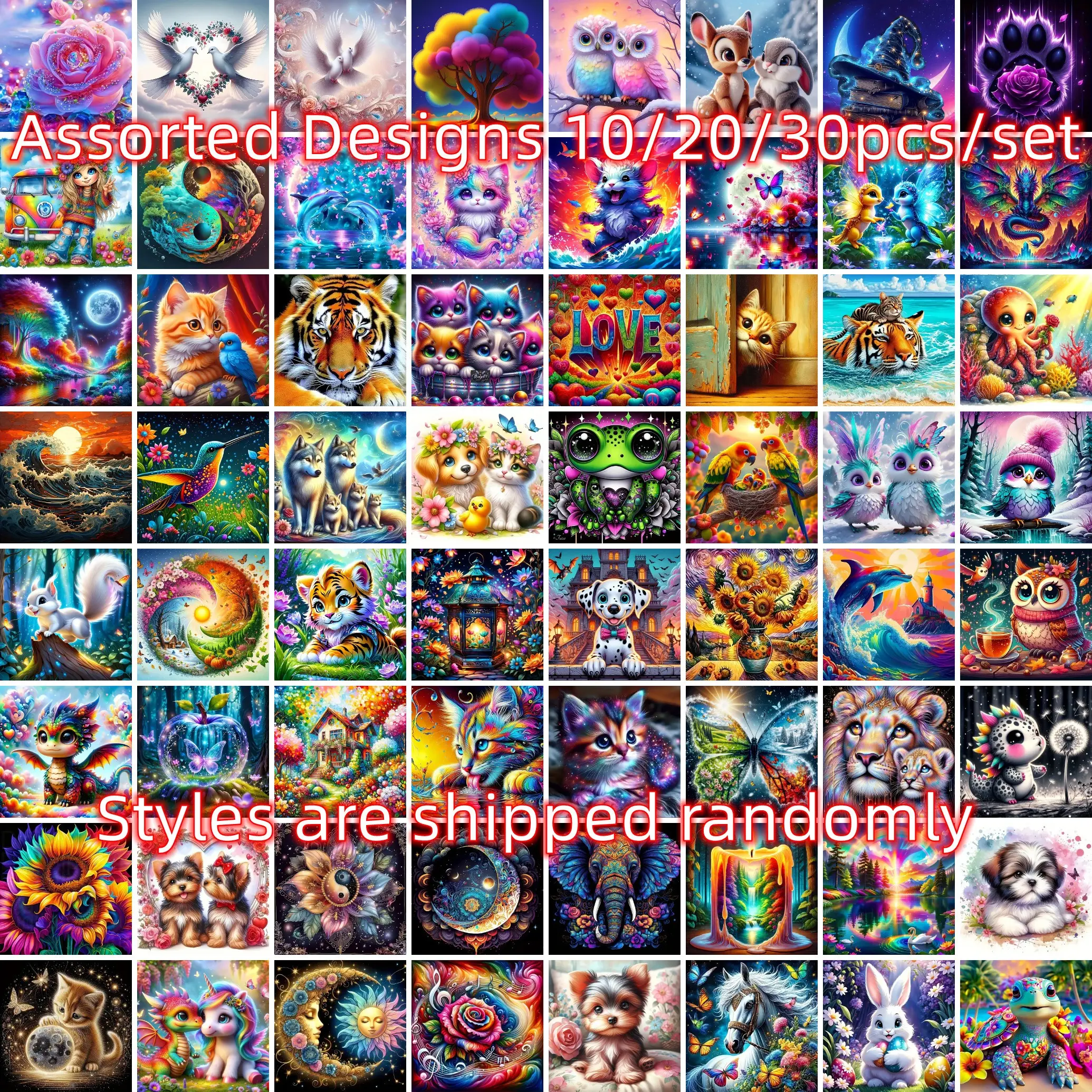 10pcs/20pcs/30pcs Diamond Painting Kit, Cartoon Animal & Landscape Patterns, 20x20cm DIY 5D Full Drill Art Crafts Set, Wall Decor Gift for Beginners Random Style