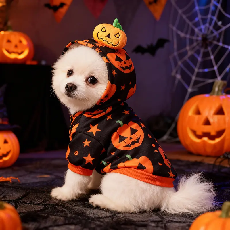 Halloween Pet Dog Costume - Pumpkin Print Hoodie for Small & Medium Dogs, Cats, French Bulldogs, Pomeranians, Cute & Funny 2-Legged Hooded Sweater for Halloween Party Clothing