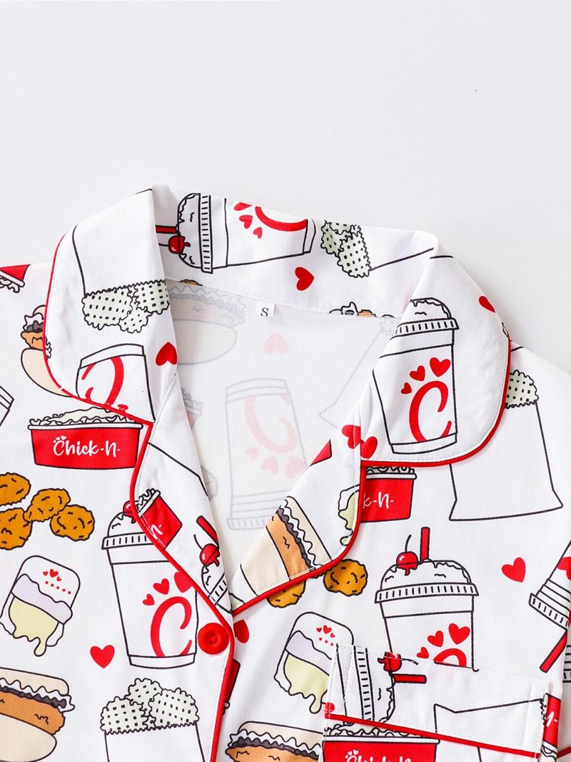 Women's All Over Print Button Front Shirt & Shorts Pyjama Set, Comfort Two-piece Pj Set for Homewear, Women's Sleepwear for All Seasons, Pajama Set