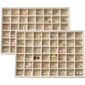 Large Velvet Jewelry Tray 2 Pack Stackable Jewelry Display Drawer Inserts Trays Organizer for Earring Bracelet Necklace Ring (Beige, 48 Grids)
