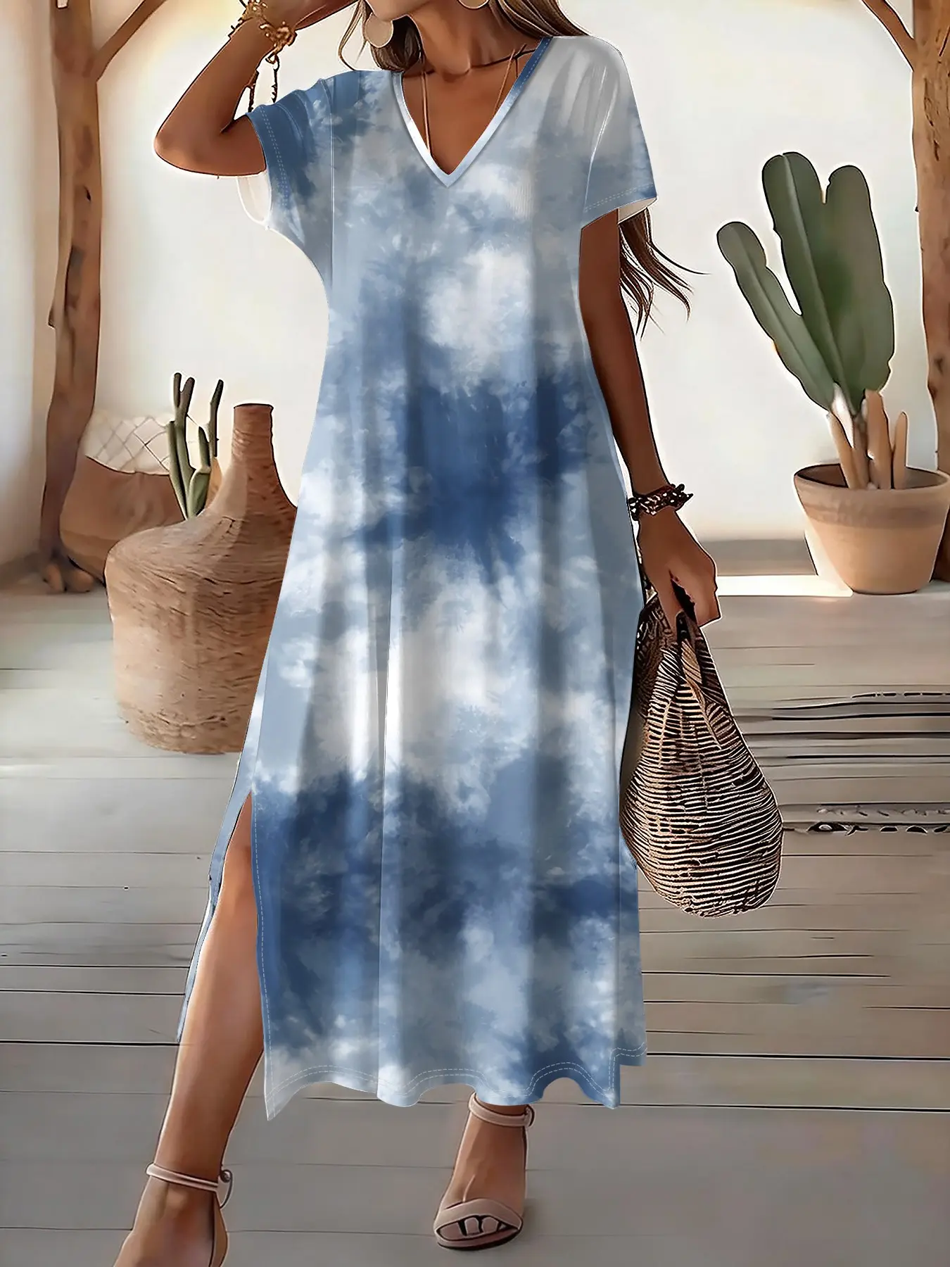 Blue Tie Dye Cloud Print Long Dress for Women, V Neck Loose Shoulder Sleeve Split Dress, Casual Chic Conceal Fatigue Dress Summer