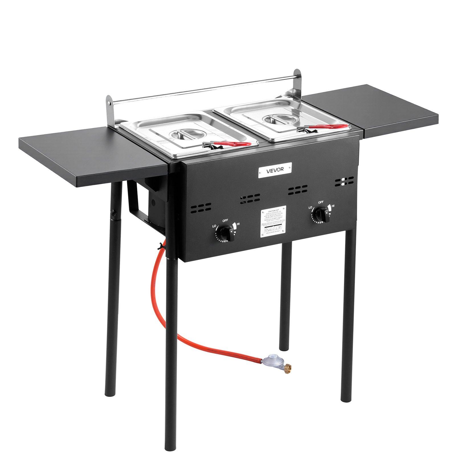 VEVOR Outdoor Propane Deep Fryer, Dual-Tank 8QTx2 Commercial Fryer, Stainless Steel Cooker with Foldable Platform, Dual Basket, and Heat Adjustment, Floor Standing Fryers for Restaurant Home Snack Bar