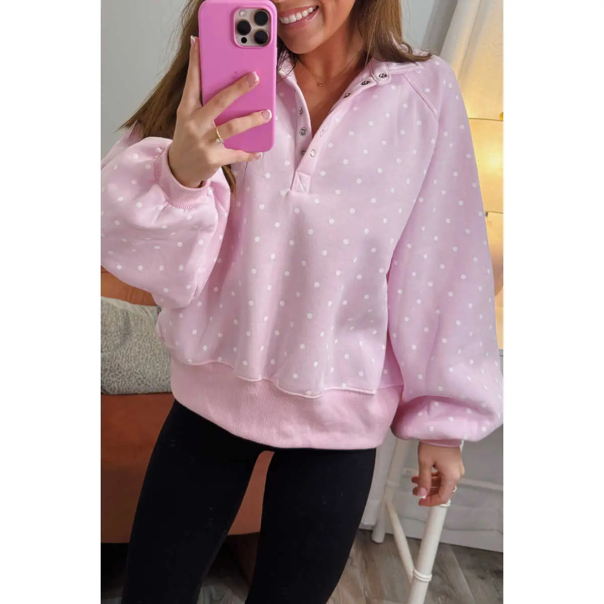 Pink Polka Dot Print Metal Button Collar Casual Pullover Sweatshirt