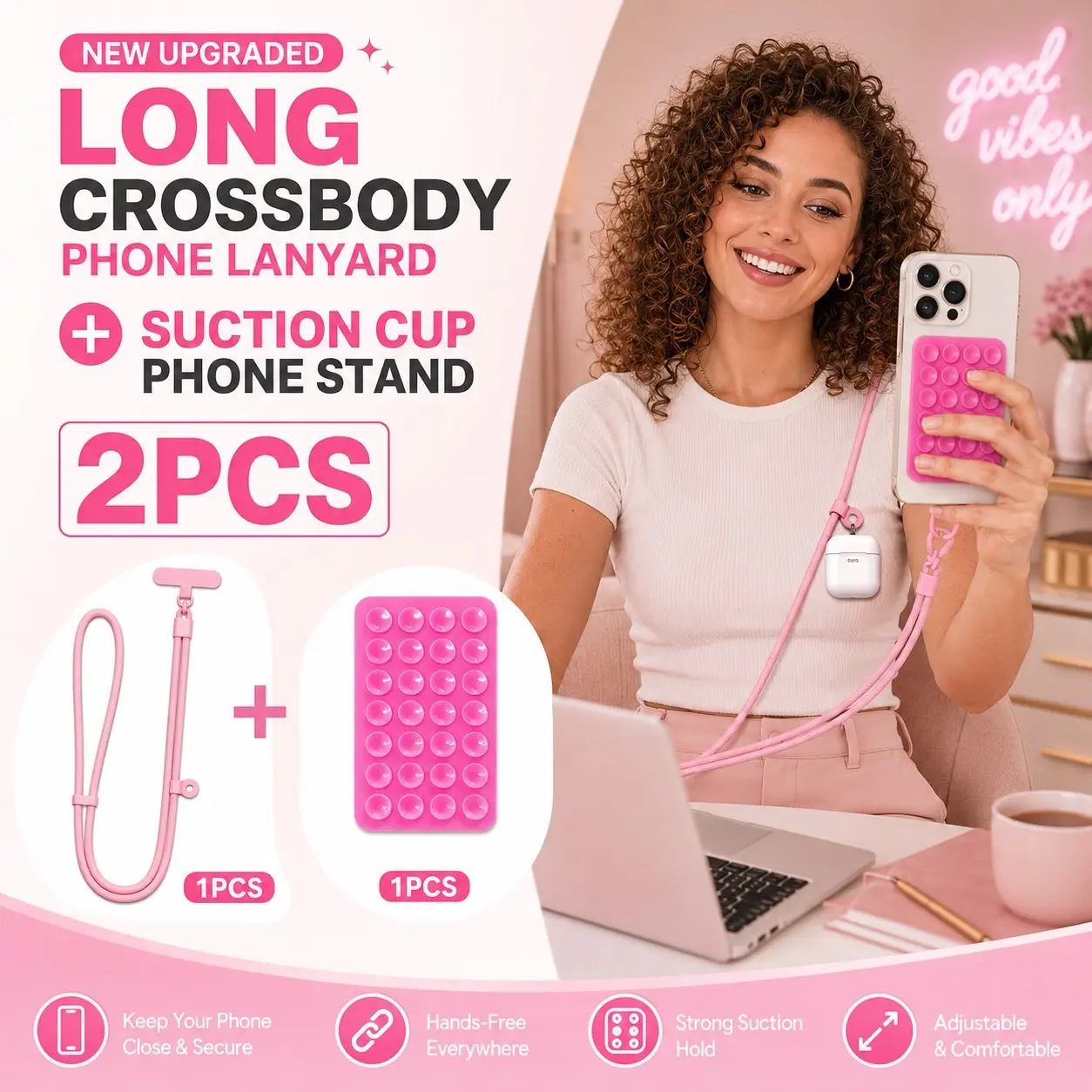 Adjustable Crossbody Phone Lanyard with Detachable Neck Strap and Earbud Holder, Anti-Loss Phone Cord for AirPods, Keys, ID Cards