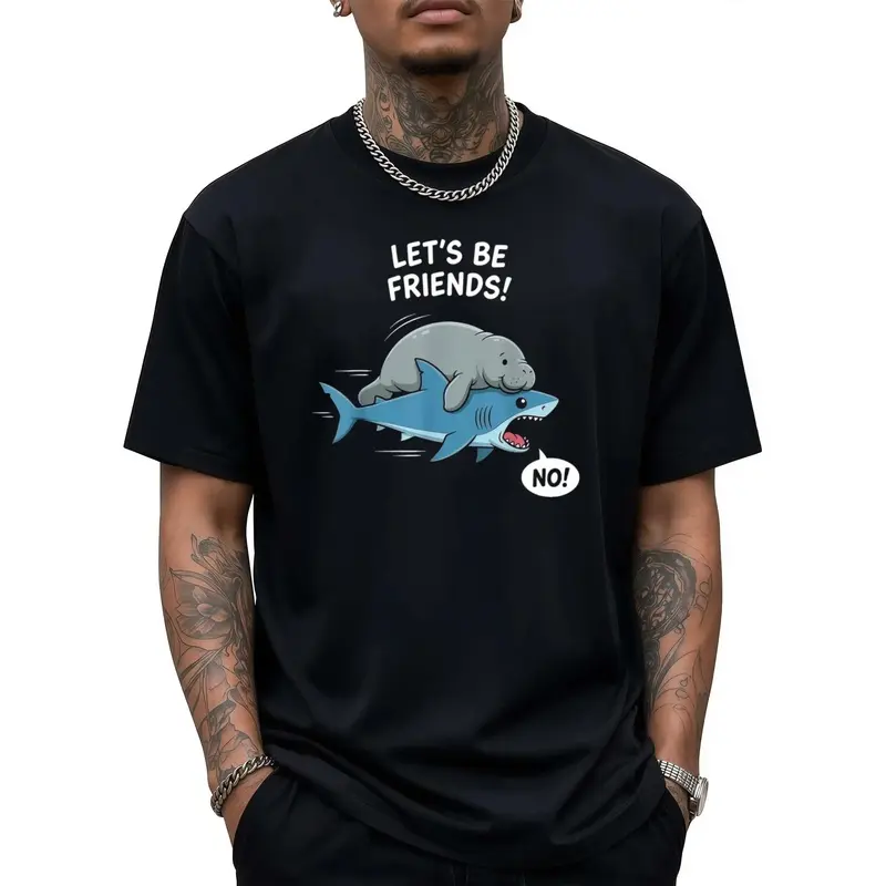 [Manatee Shark T-Shirt] Funny Vintage Graphic Manatee Shark Let's Be Friends Sea Cow Ocean T-Shirt