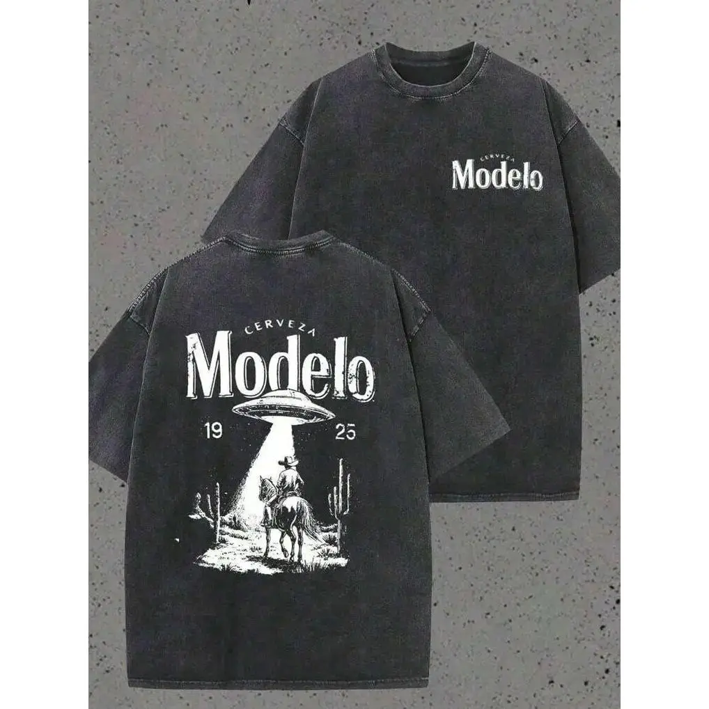 Modelo UFO Cowboy Graphic-Shirt – 230g Heavyweight Vintage Washed Cotton Retro Streetwear Tee With Cerveza Modelo Letter Print, UFO Western Cowboy Desert Scene Design, Y2K Oversized Casual Short Sleeve Men's Summer Fashion  Summervibes