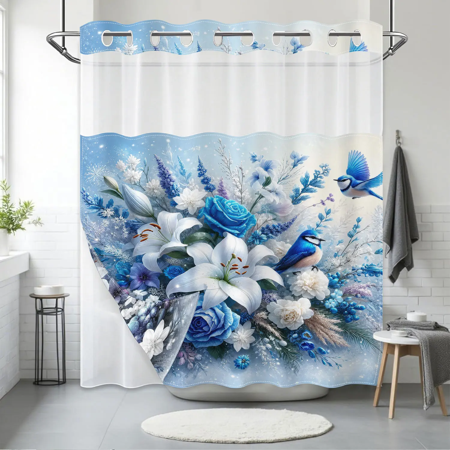 Elegant Blue Floral & Bird  Shower Curtain Set | White Lily Rose Winter Botanical Pattern | Double Layer Waterproof Fabric with Sheer Window for Bathroom Decor Bathroom Shower Curtains