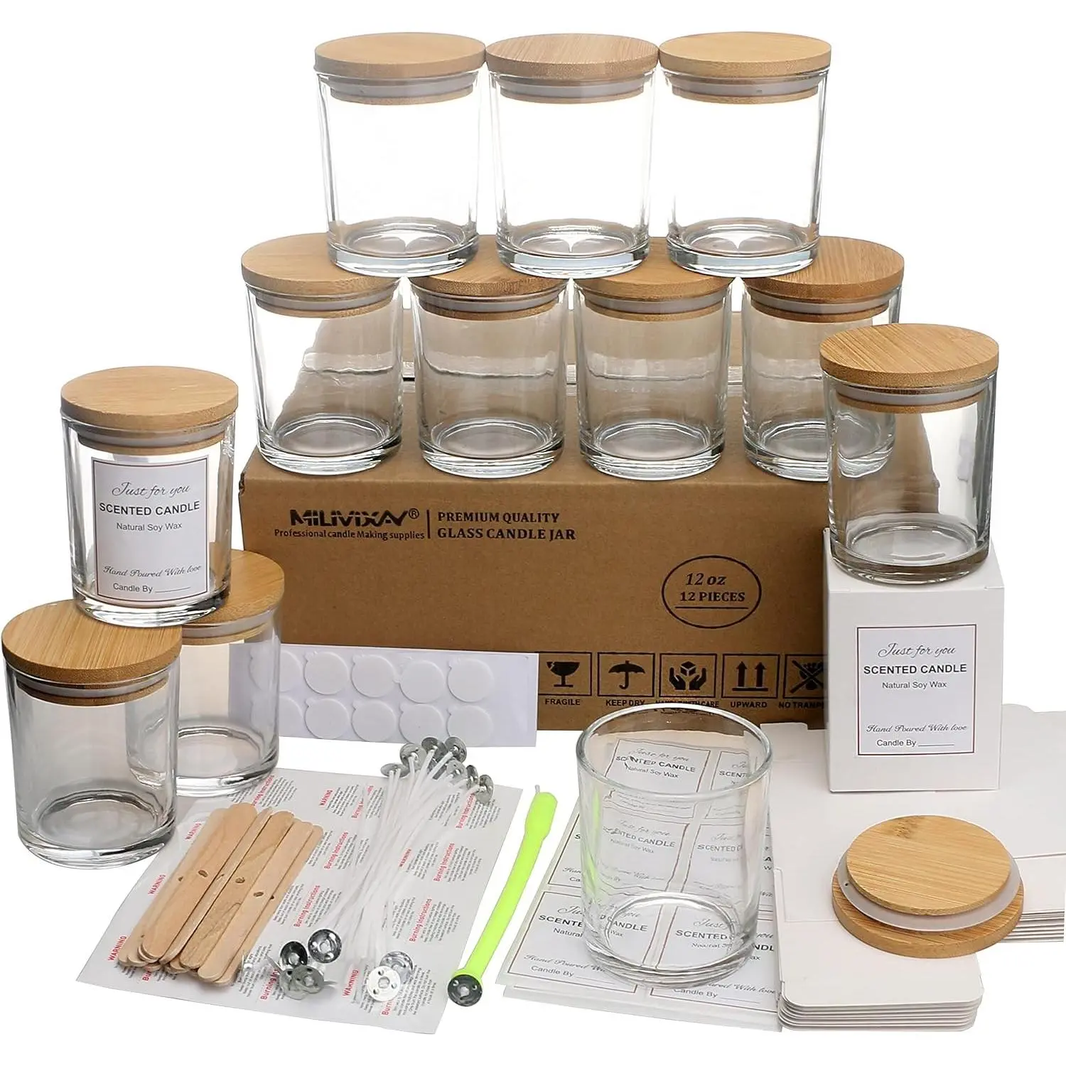 12 Pack 12 OZ Clear Glass Candle Jars with Lids and Candle Making Kits - Bulk Empty Candle Jars for Making Candles - Spice, Powder Containers.