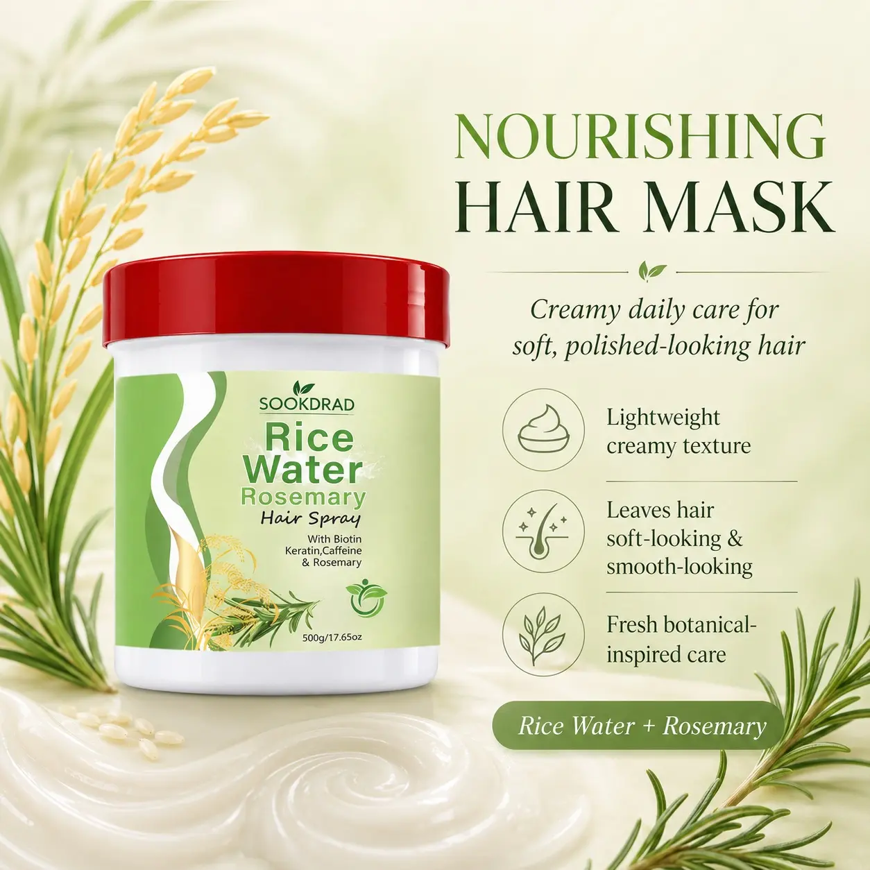 Rice Water Rosemary Hair Spray, with biotin, keratin, caffeine, rosemary, nourishing hair spray, volumizing styling mist, for all hair types, 500g
