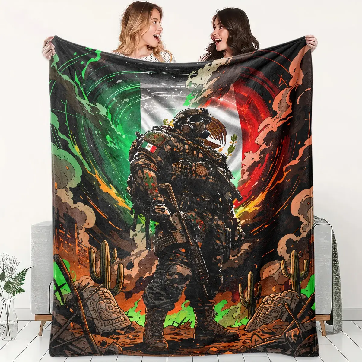Mexican Flag Tactical Soldier Flannel Fleece Throw Blanket, Hardcore Military Style, Fully‑Equipped Soldier, Mexico Flag, Desert Cactus, Aztec Stone Carving & Smoke Explosion Print, Soft Warm Blanket for Sofa Bed Office Camping, Holiday & Christmas Gift