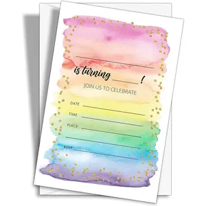 Colorful Rainbow Birthday Party Invitations, 20-Count Watercolor Rainbow Glitter Birthday Party Invites With Envelopes