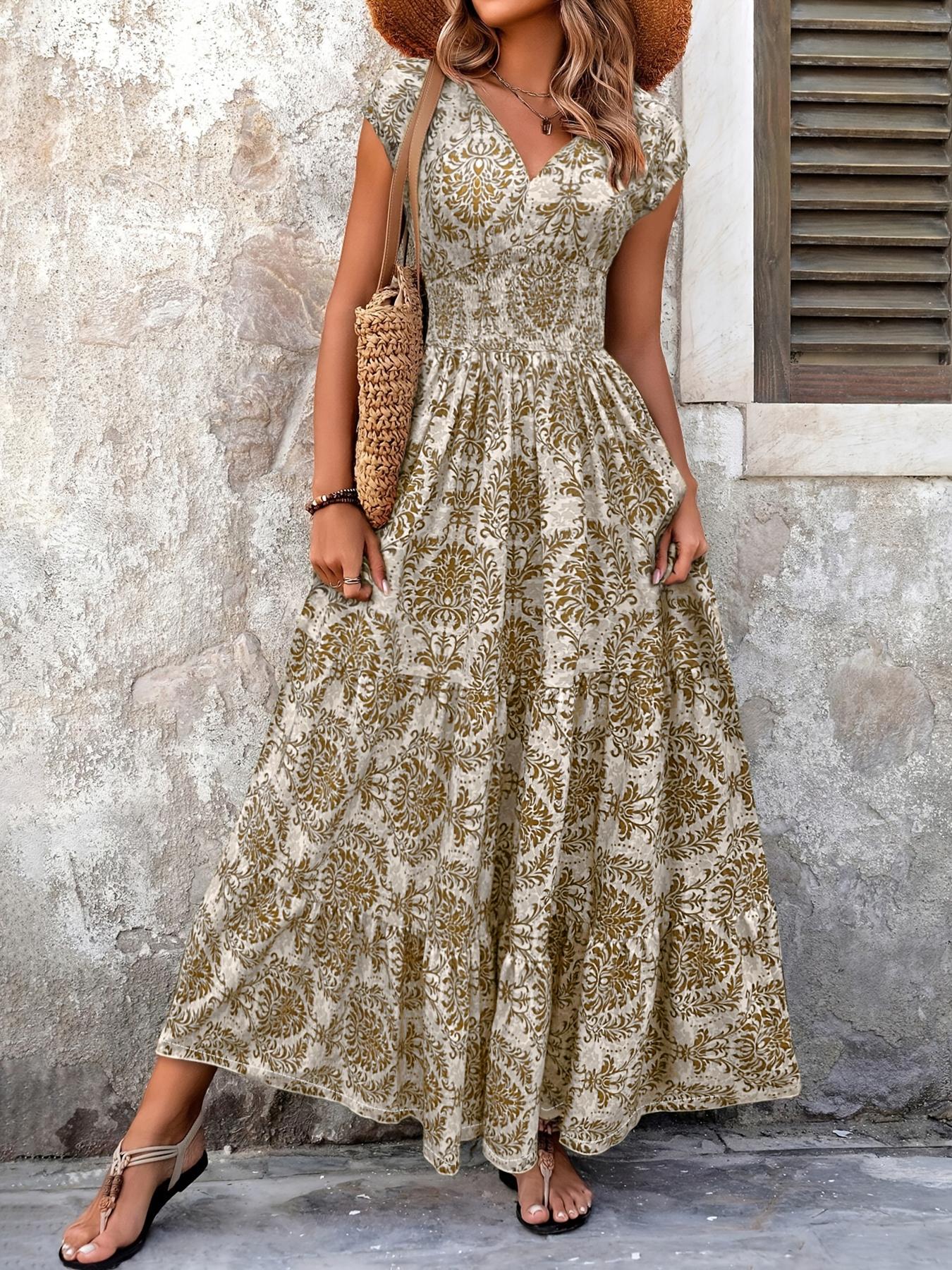 Women's All Over Print Shirred Dress, Boho Fashion Short Sleeve V Neck Dress for Daily Holiday Vacation Wear, Women Dress for Summer Bohemian