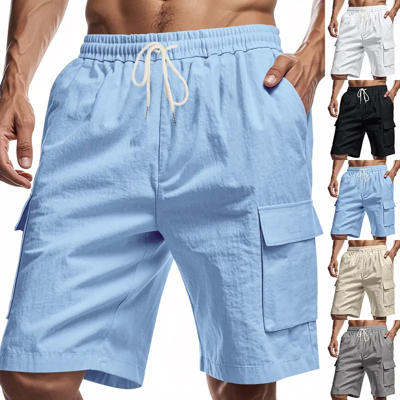 Men's Baggy Classic Linen Cargo Shorts - 5-Inch, Multi-Pocket, American Style, Drawstring, Plain Casual Menswear Bottoms, Loose, Oversize, Personalized, Outdoor, Cargo Pockets Men's Shorts, Casual Men's Shorts