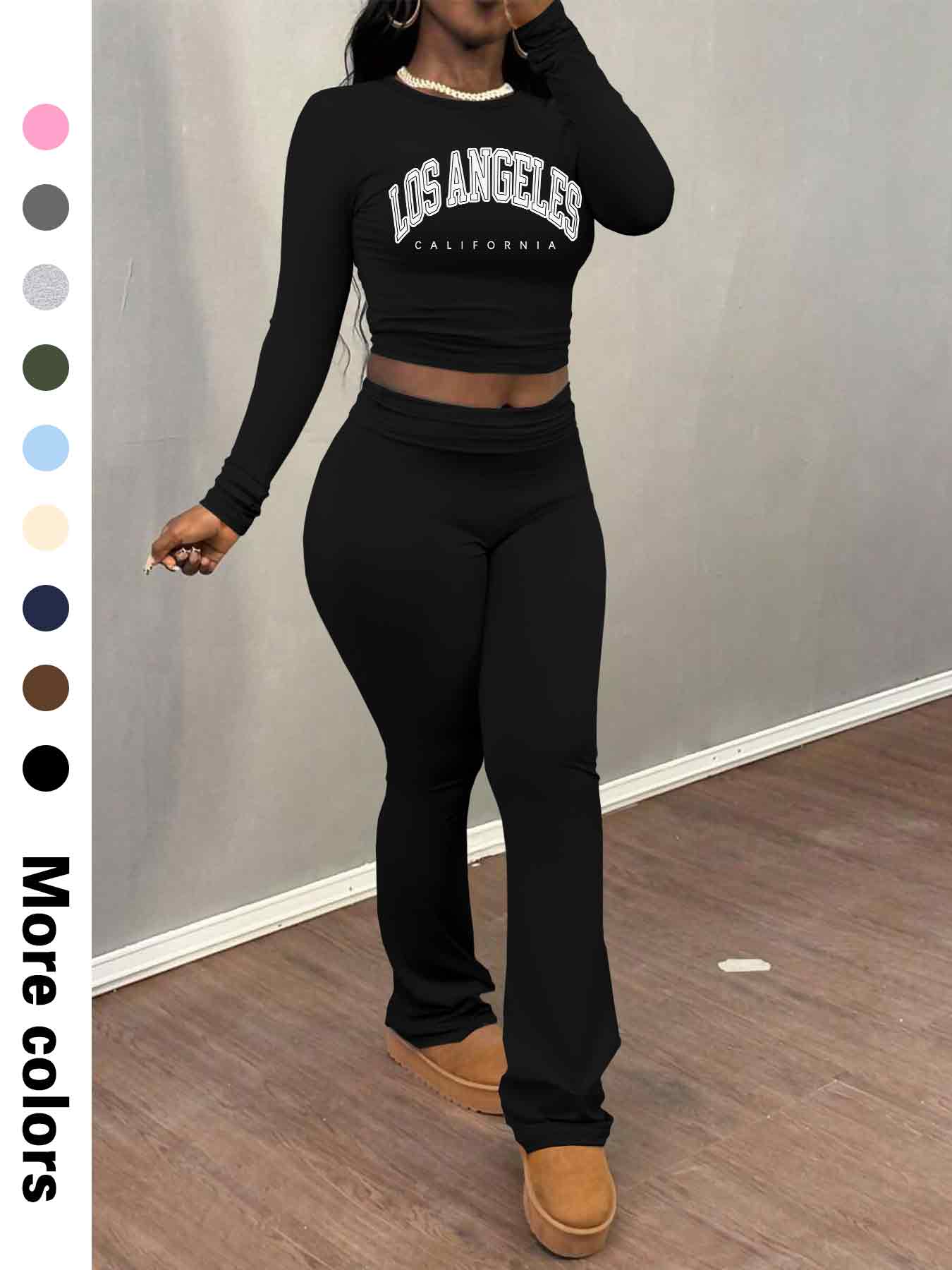 Women's Letter Print Long Sleeve Crop Tee & Plain Flare Leg Pants Two-Piece Set, Casual Fashion Cozy Round Neck Top & Bell Bottom Trousers for Daily Outdoor Wear, Women's Clothing for Fall & Winter