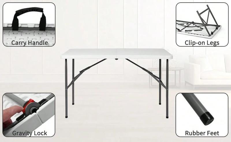 4FT/6FT Plastic Folding Table, Fold-in-Half table with handle, Adjustable Height Outdoor Camping Table for Party, Kitchen and Beach, White - Straight Legs