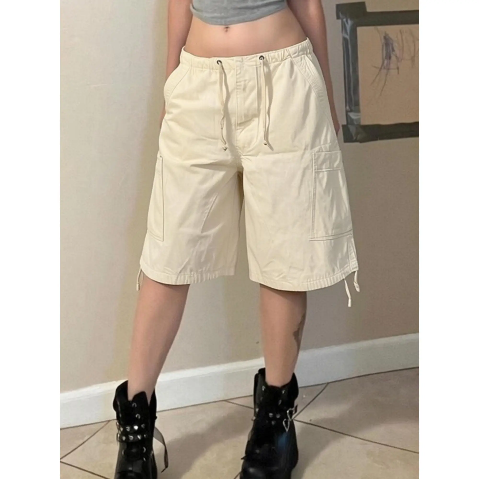 Women Bermuda Cargo Shorts y2k Clothes Solid Color Knee Length Loose Fit Denim Shorts